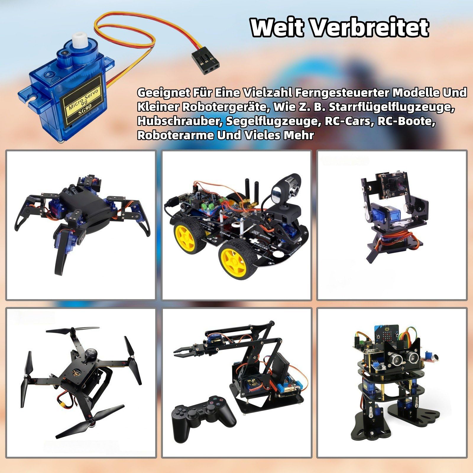 Lot de 12 mini servomoteurs 9G - Pour Arduino - Contrôle avec câble - Pour robot radiocommandé, bras, avion, hélicoptère, bateau