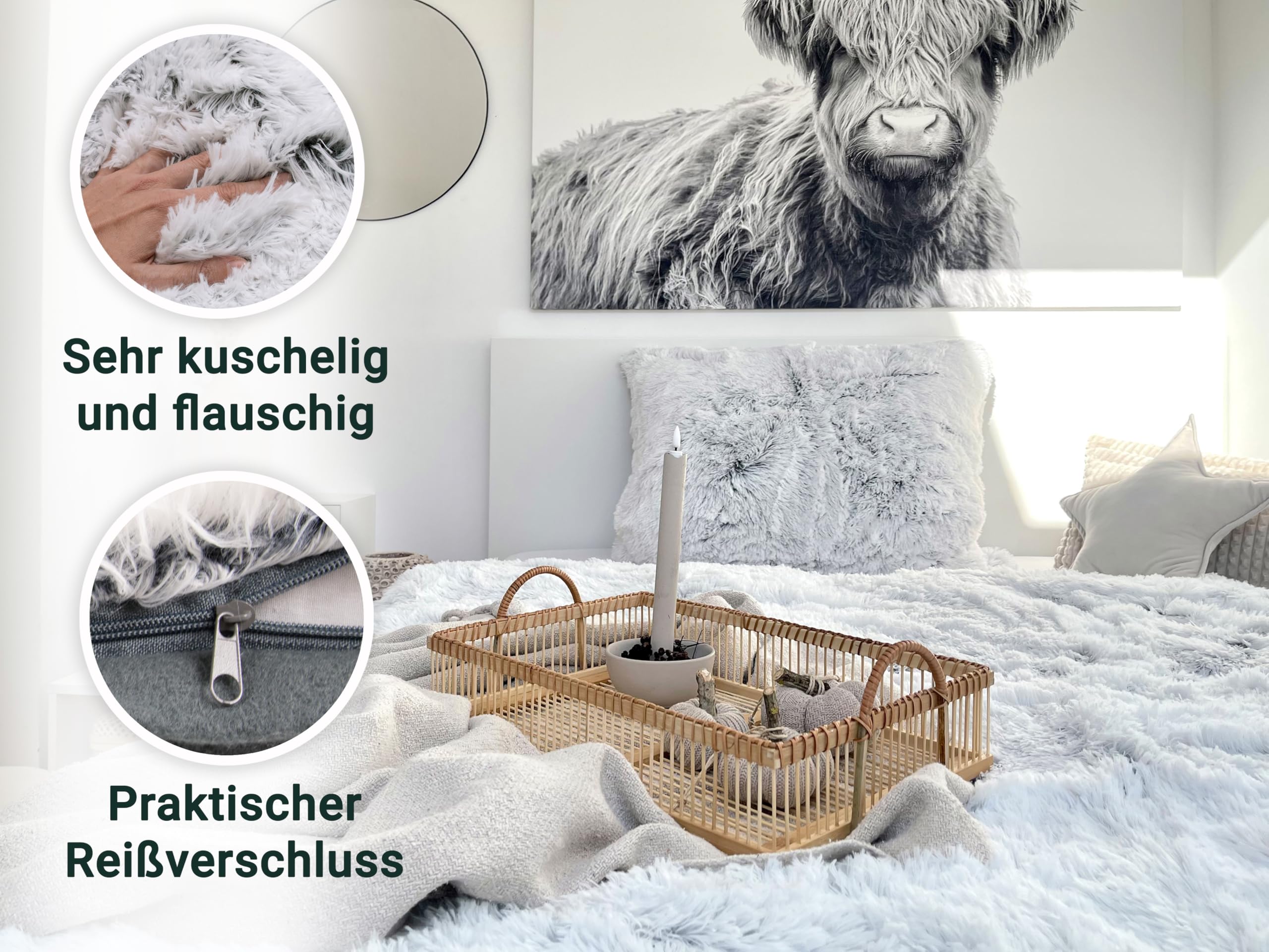ZOLLNER Kuschelige Bettwäsche, bestehend aus Kissenbezug und Deckenbezug - 80x80 cm + 135x200cm - waschbar bis 30°C – weißes Fellimitat auf grauem Fleece