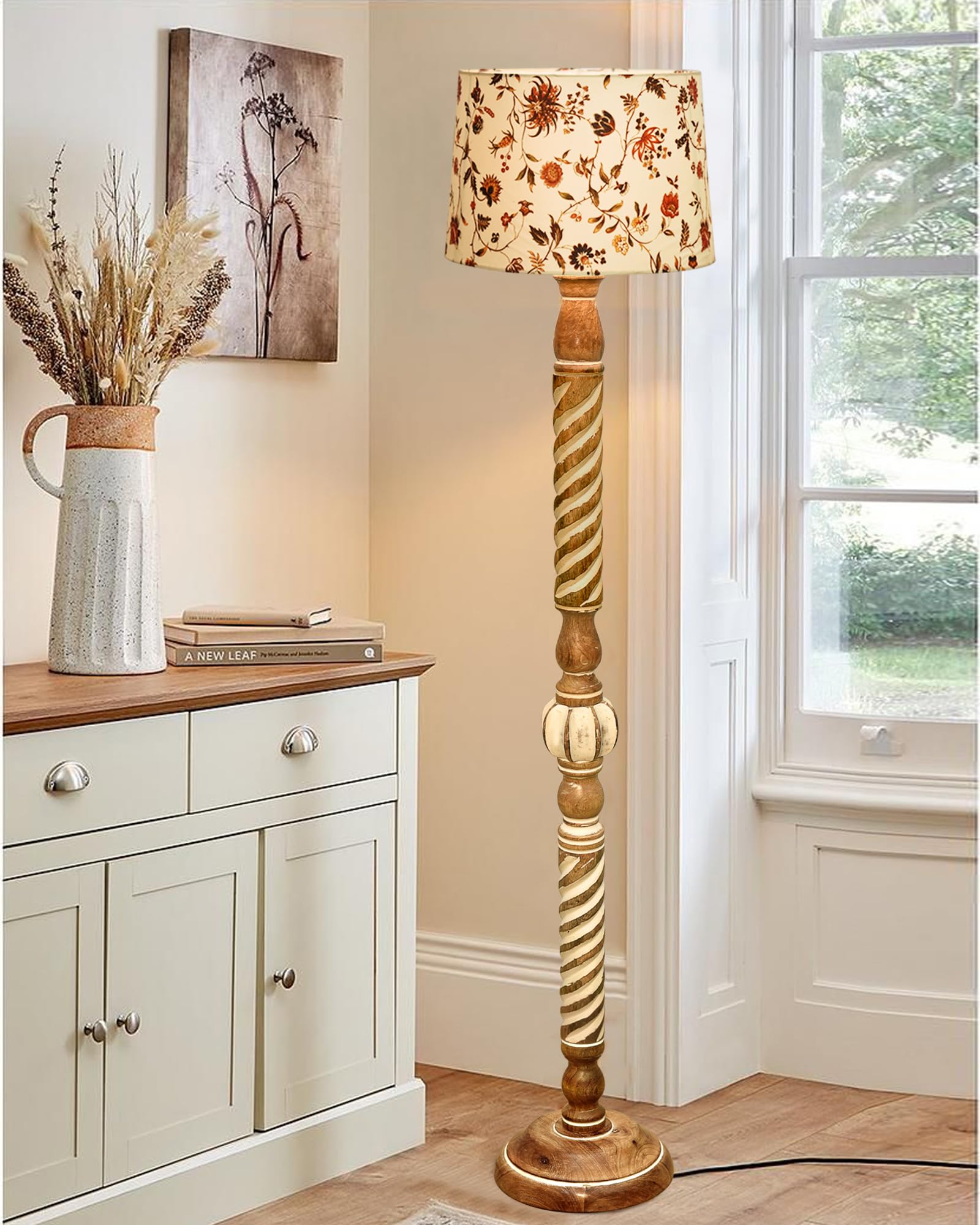 Rustic Wood Floor Lamp in Walnut Brown with Multicolor Fabric Lamp Shade | Light Decoration Home Corner | Living Room, Bedroom Bedside Floor Lamp, Antique Floor Light, Twisted Ropes, Vine and Flowers