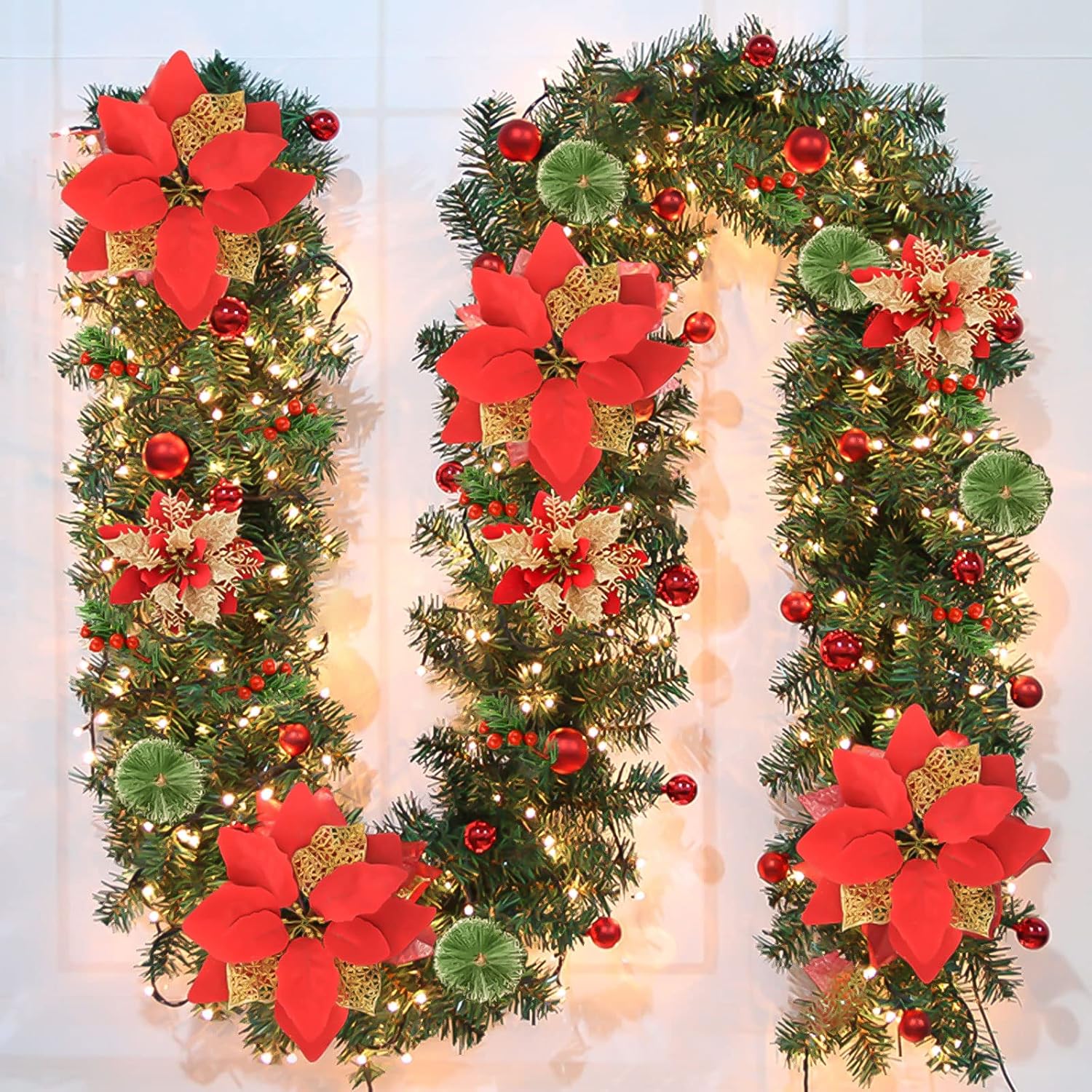 Christmas Garland, 270CM/9FT Christmas Wreaths with Battery Operated LED Lights Artificial Flower Vine for Front Door Home Stairs Fireplace Xmas Tree Indoor Outdoor Christmas...