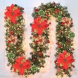9Ft Pre-lit Christmas Garland with LED Lights Battery Operated, Holiday Decoration Stairs Wall Mantle Door Indoor Outdoor, Decorated with Red Flower, Balls, Berries, Snowy Pine, Christmas Collection