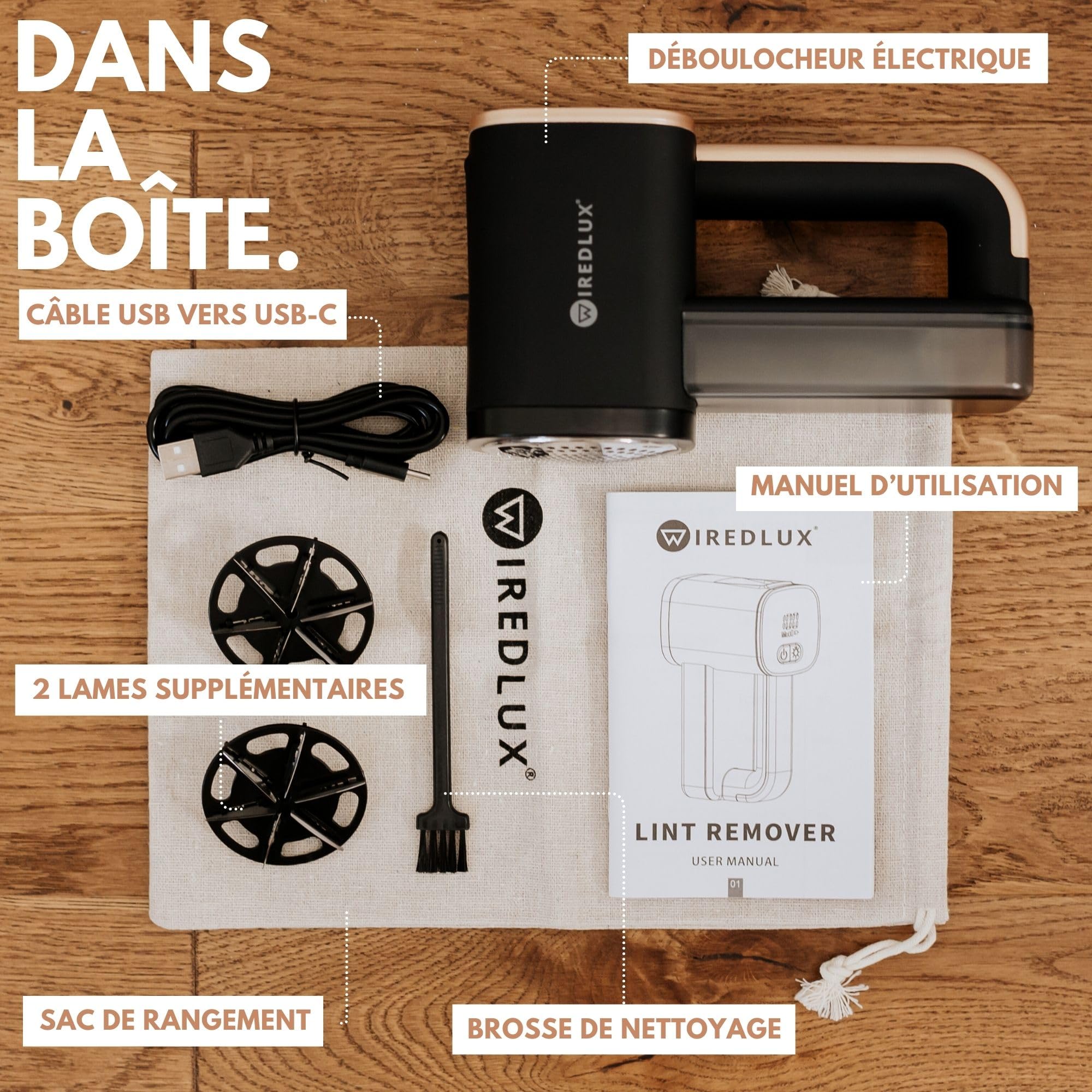 Rasoir Anti-Bouloche Électrique WiredLux - Déboulocheur Rechargeable pour enlever Les Peluches sur Vêtement & Meuble - Appareil Coupe Peluche à 3 Vitesses, Lumière LED, Dual Protection (Noir/Or)