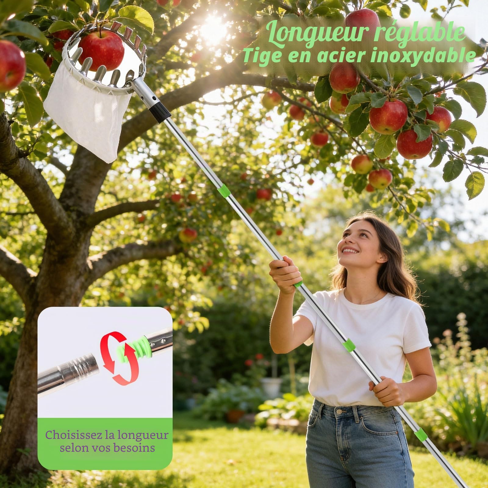 Cueille Fruit Telescopique, 4.2m Cueille Pomme Telescopique Amovible, avec Acier Inoxydable Perche Telescopique et Sacs en Coton, Outil Cueillette Jardin Arbre Poires PêChes
