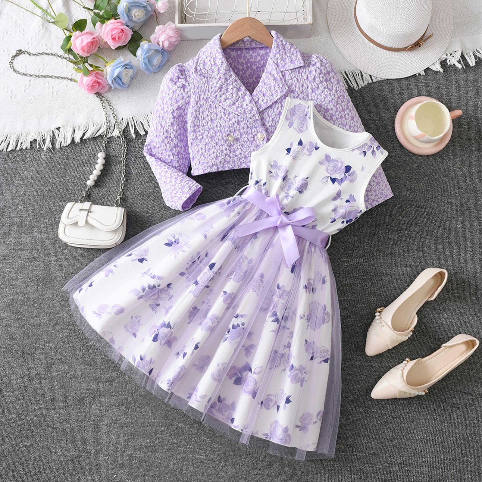 Generico Vestito Ragazza 2 Pezzi Cardigan a Manica Lunga e Gonna in Tulle con Fiocco Abito da Principessa Battesimo Elegante Cerimonia Compleanno