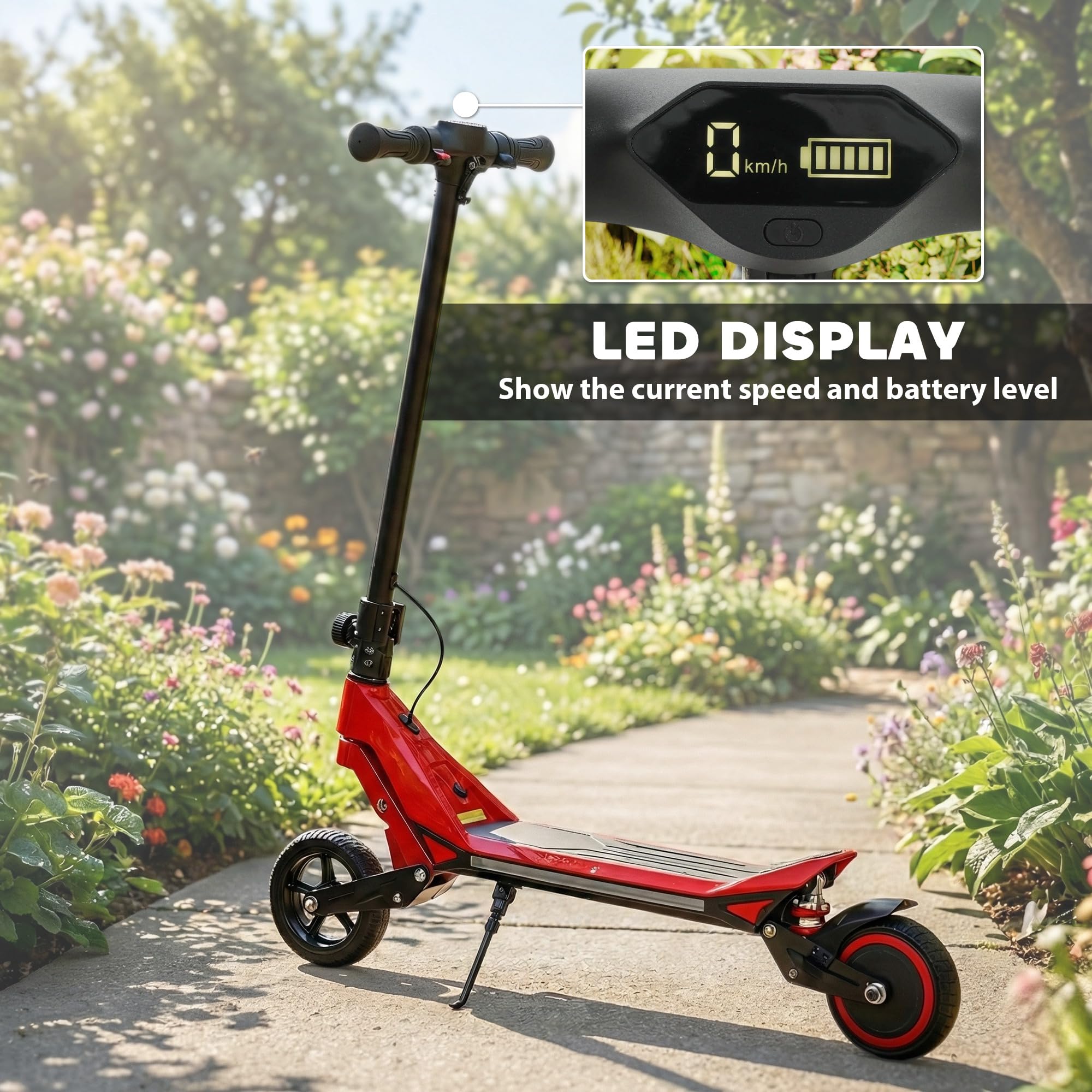 SPORTNOW Patinete eléctrico para niños, doble suspensión, plegable, de 6 a 14 años, color rojo | Pantalla LED, luces RGB, hasta 16 km/h, alcance de 12 km, ruedas sólidas de 6.5 pulgadas, kick-to-start, para niños y niñas