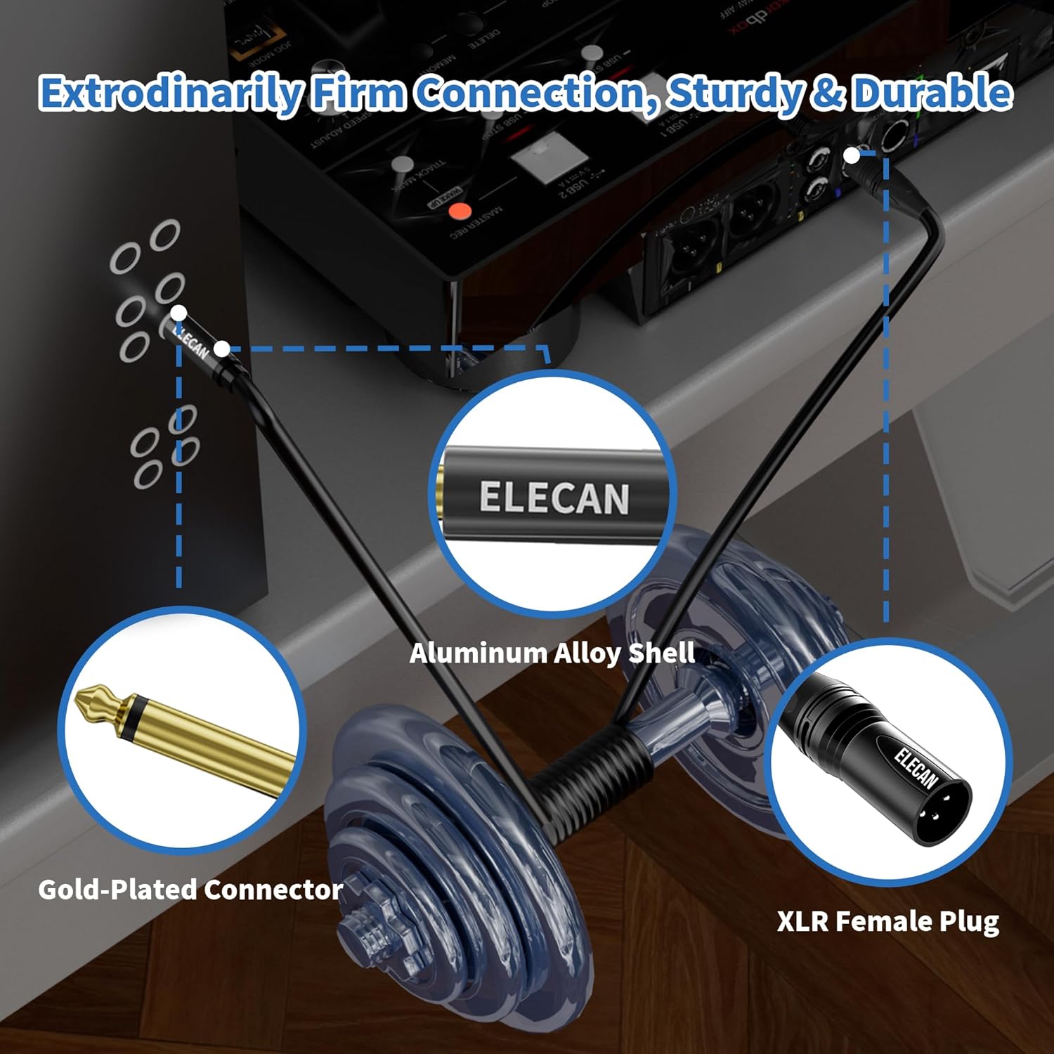 Elecan XLR Male to 1/4 Inch 6.35mm TS Mono Microphone Cable 50 Ft, Professional Unbalanced Patch Cord Adapter for Mic Console, Stage, Speakers, Mixers, AMP, DJ, Instruments Studio Audio+5 Ties