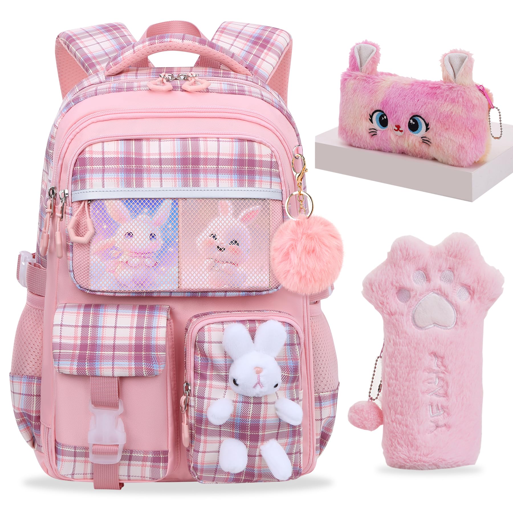 KBGPW Cute Girls Backpack,Rabbit Kids School Backpack with Pencil Case, Elementary School Bag for Girls 5-10 Year Old (Pink-16.5inch)