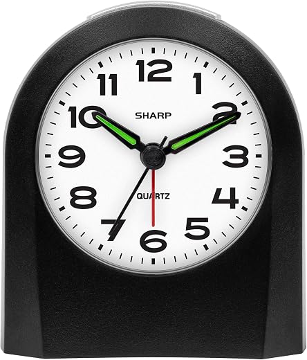 Sharp Small Battery Operated Analog Alarm Clock Silent No Ticking, Lighted on Demand and Snooze