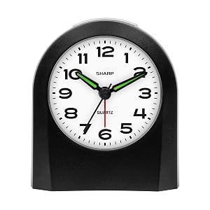 Sharp Small Battery Operated Analog Alarm Clock Silent No Ticking Lighted on Demand and Snooze Beep Sounds Gentle