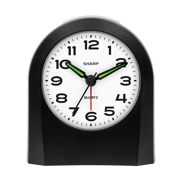 Sharp Small Battery Operated Analog Alarm Clock Silent No Ticking Lighted on Demand and Snooze Beep Sounds Gentle