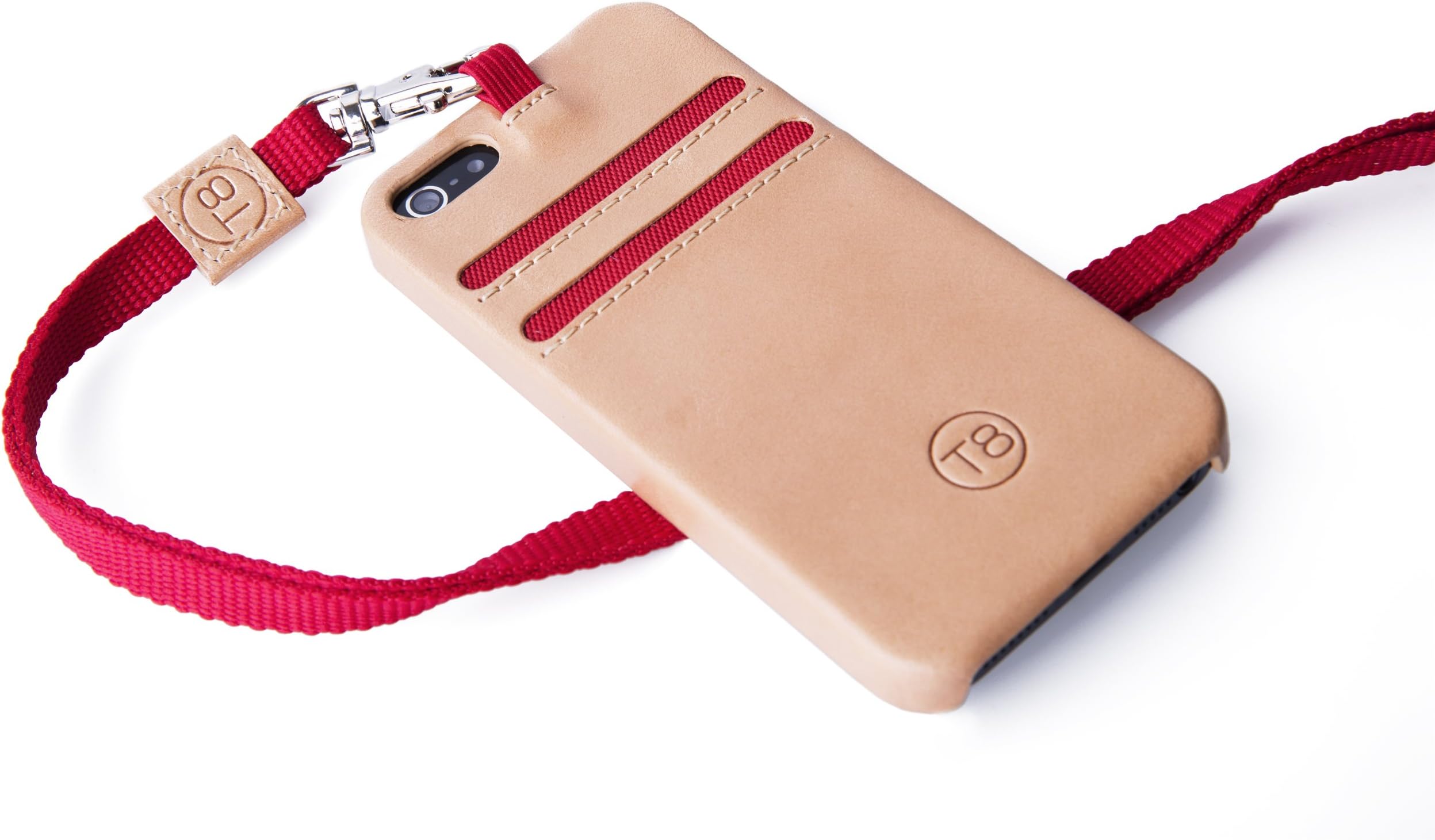 T8 STORM iPhone 5/5S Leather Wallet Case with Lanyard - Tan leather with Red trim.