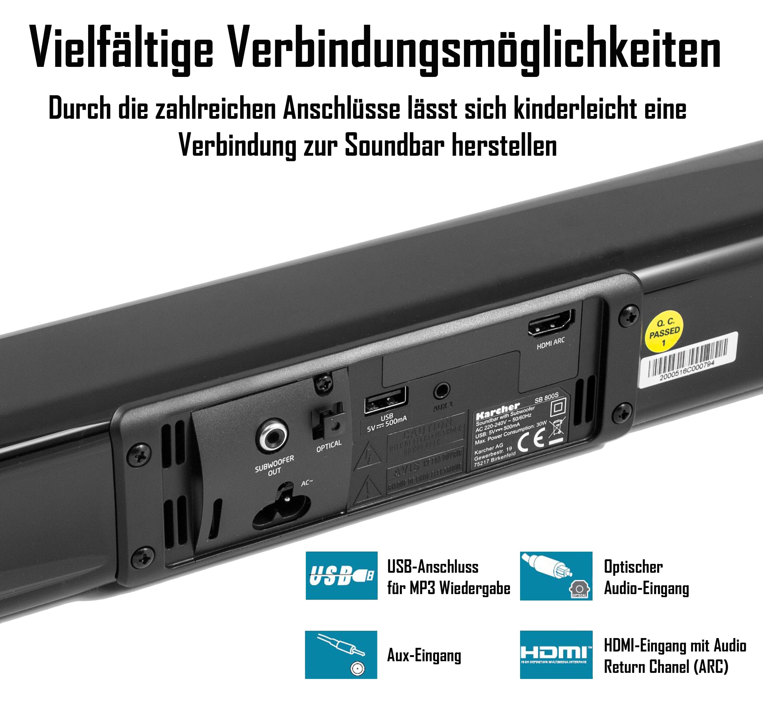 Karcher SB 800S Soundbar per TV TV Soundbar con subwoofer – Sistema audio Bluetooth Surround 2.1 con telecomando – HDMI ARC/Ingresso ottico/USB/AUX