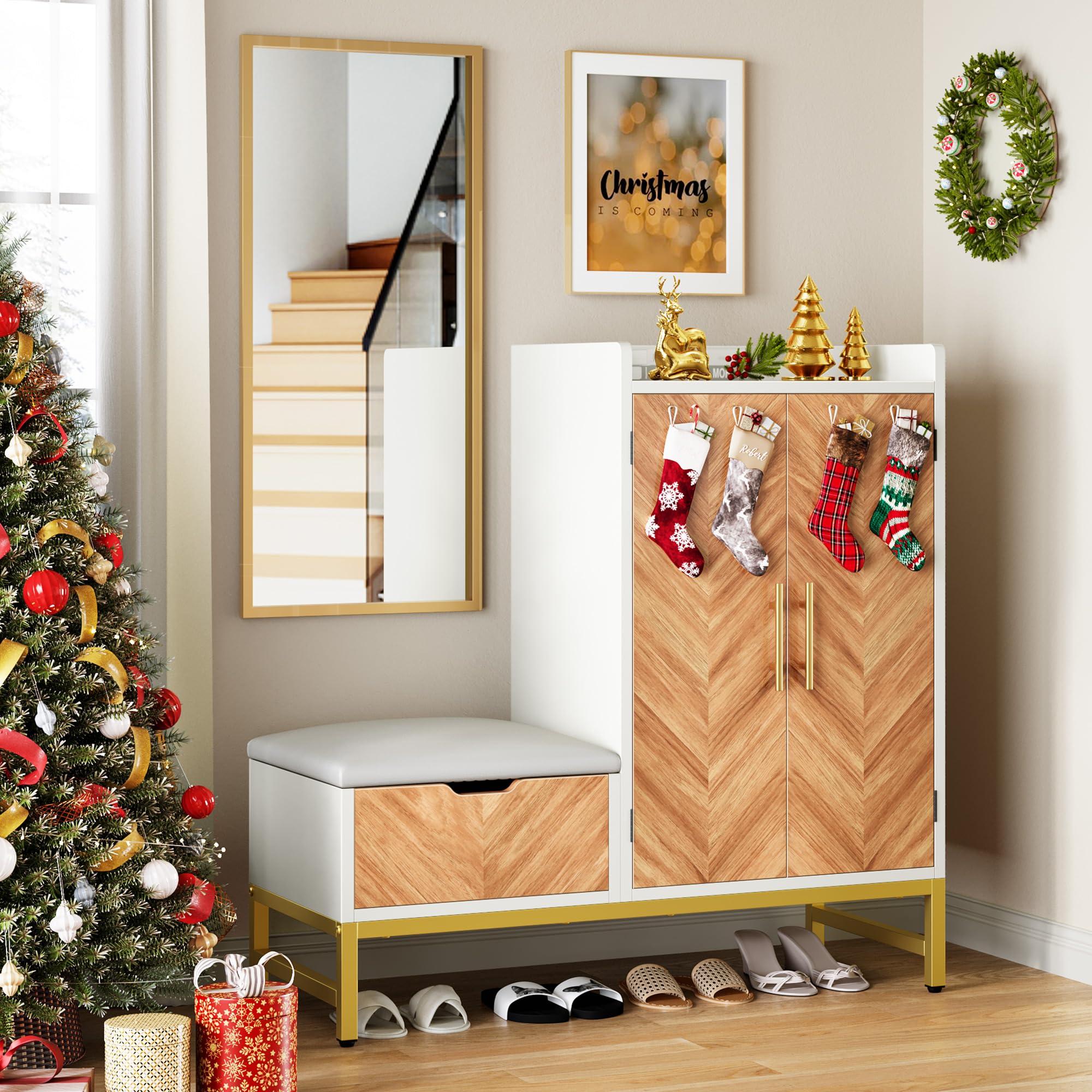 YITAHOME Shoe Cabinet with Shoe Storage Bnech for Entryway, Large 4-Tier Shoe Cabinet with Door, Hidden Shoe Storage Organizer Cabinet for Entryway, White (Box 2 of 2 Only)