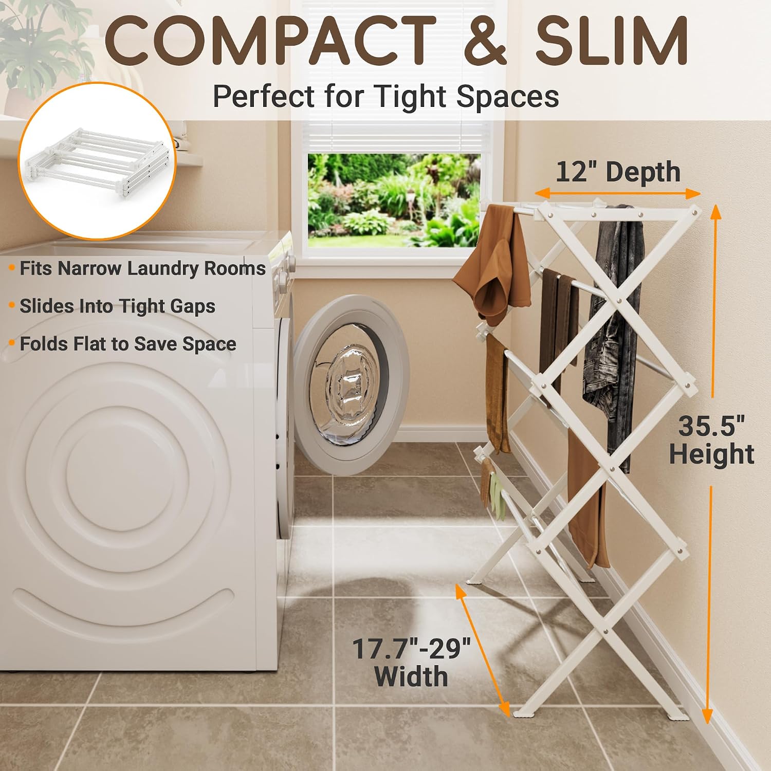 Foldable Clothes Drying Rack: Reinforced Joints 35 lbs Capacity, Rustproof Carbon Steel Adjustable Laundry Rack, Indoor Outdoor Use, Easy Setup, 17.7"-29" W x 12" D x 35.5" H, White