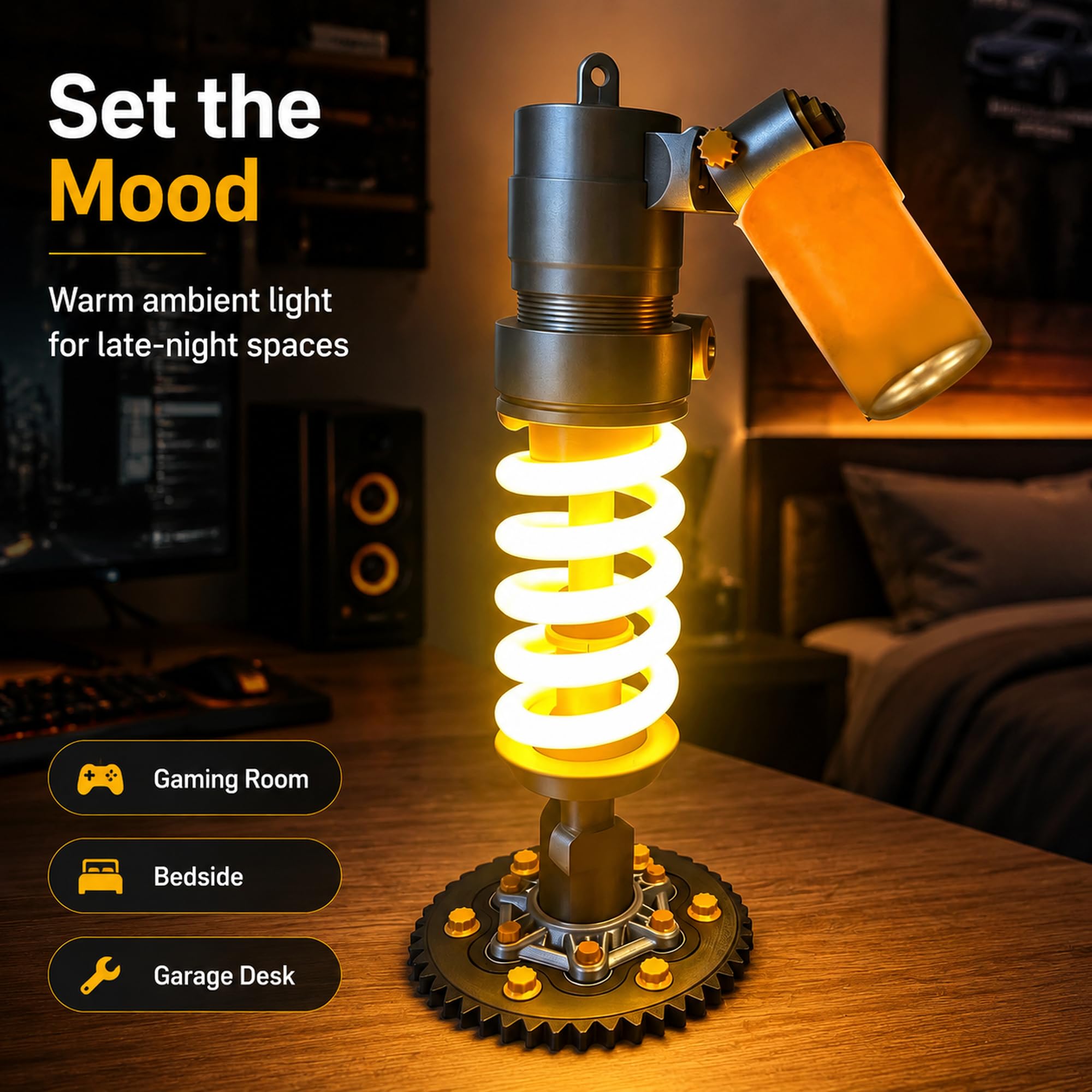 Elprico Lampe de Bureau à Amortisseur de Chocs, Veilleuse LED Imprimée en 3D avec Double éclairage, Lampe de Table Industrielle Alimentée par Batterie pour Salle de Jeux, Chambre à Coucher, Garage