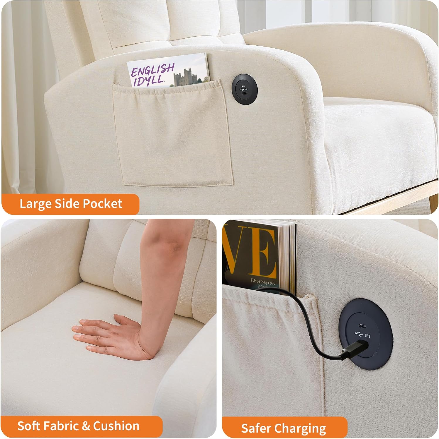 Nursery Rocking Chair, Glider Rocker Chairs for Nursery, Modern Rocking Armchair with USB Port and Side Pocket, Linen Fabric Upholstered Glider Chair for Nursing Room, Living Room, Bedroom