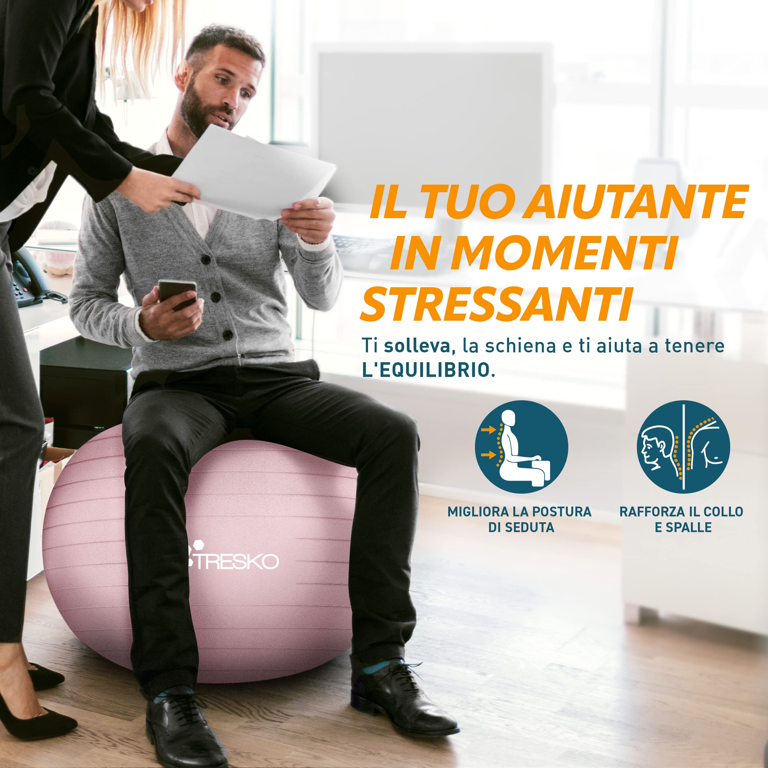 TRESKO Palla Fitness, Palla Pilates Anti-Scoppio 55cm/65cm/75cm/85cm Palla da Ginnastica con Pompa Rapida per Fitness Yoga e Pilates