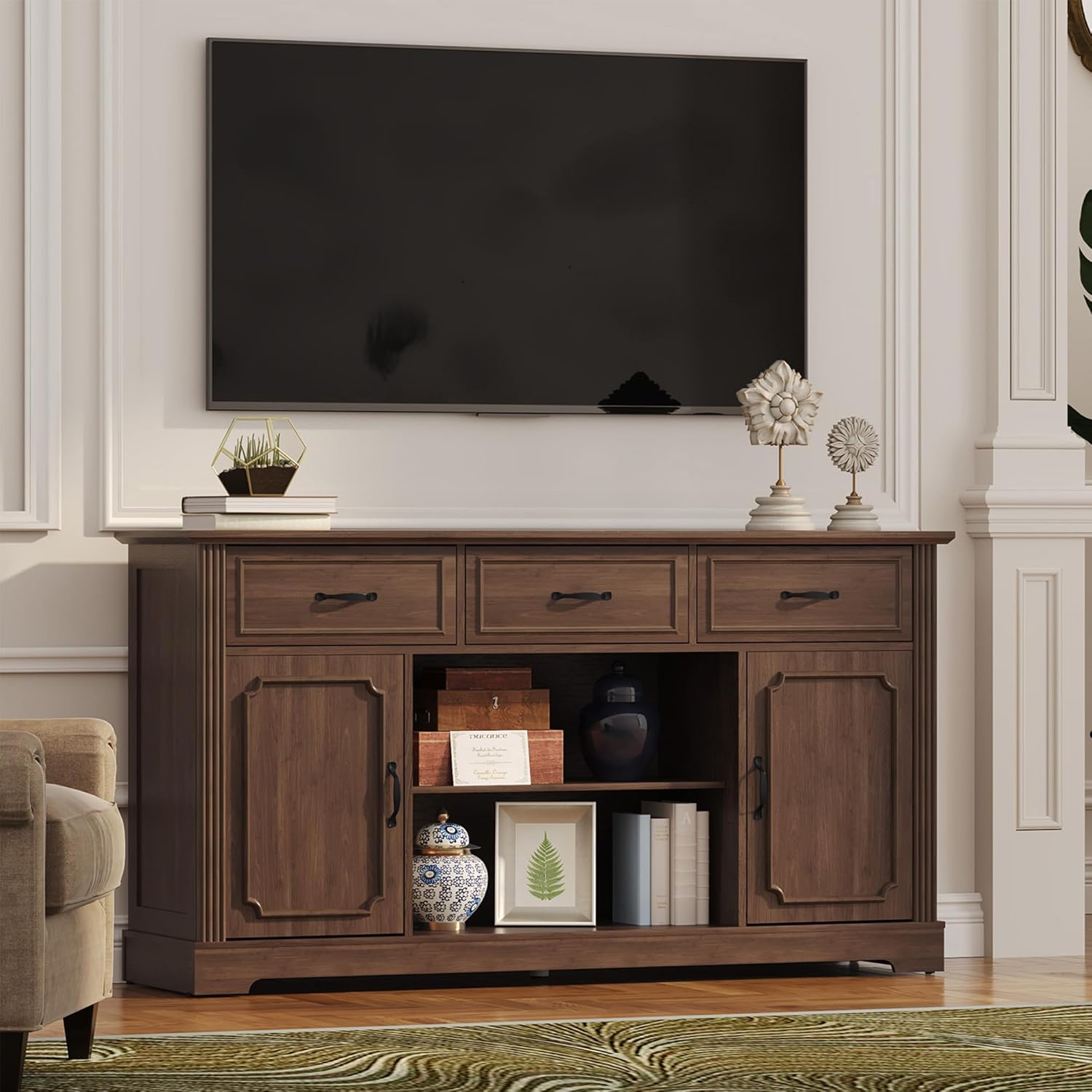 ARTPOWER TV Stand with 3 Drawers for TV up to 65'', Wood Mid Century Television Cabinet with Adjustable Shelves, Entertainment Center with Storage, Console for Living Room, Walnut