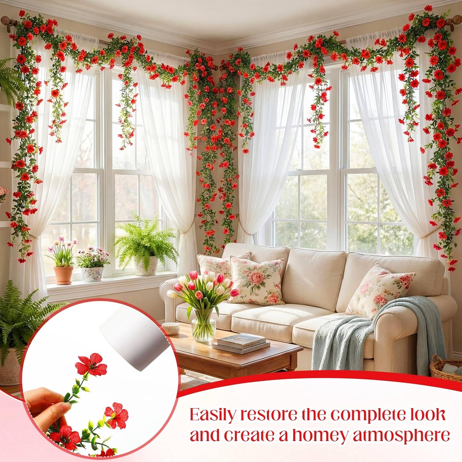 4 Pcs 6 ft Artificial Flowers Wisteria Garland-Total 24 ft Fake Hanging Wisteria Flowers Green Vines Garlands, Faux Flower Daisy with Eucalyptus Leaves for Garden Decor (Red)