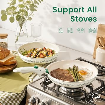 Chef Power Ceramic Cookware Set with Decal, 14 Pcs Pans and Pots Set