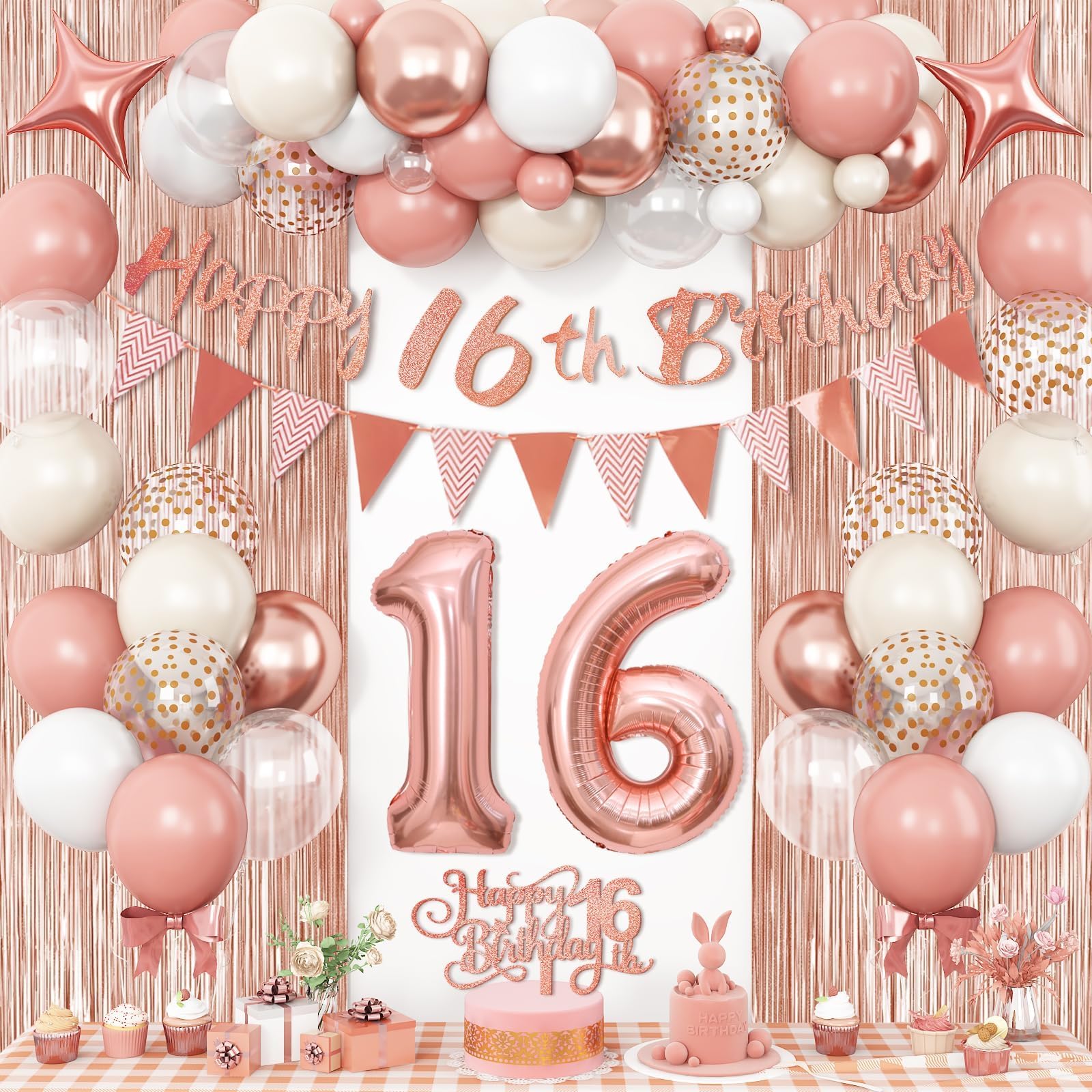 Sweet 16 Birthday Decorations for Girls,Retro Pink Rose Gold 16th Birthday Balloons,16th Birthday Banner with Number 16 Balloons Fringe Curtain Cake