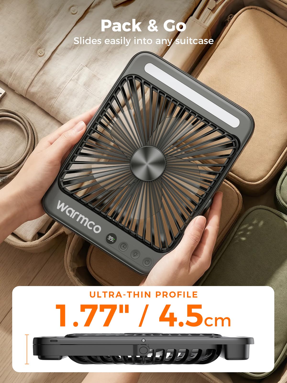 Warmco D4 Pro - Ventilatore portatile da campeggio, 20000 mAh, ventola ricaricabile da 8 pollici, autonomia 15 ~ 48 ore, timer, ricarica rapida, luce LED, ventola da viaggio ultra sottile alimentata a
