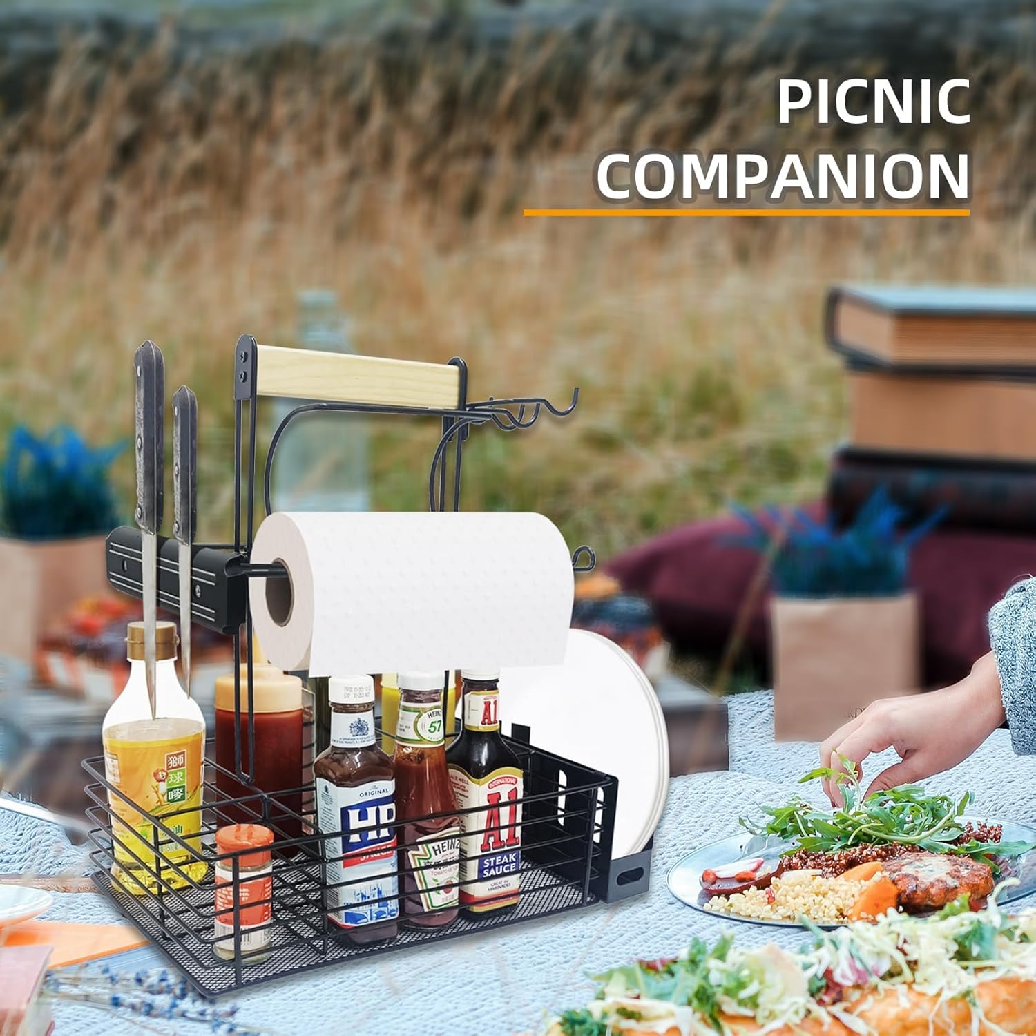 Grill Caddy,BBQ Condiment Organizer for Outdoor, Camping Tailgating Picnic Kitchen Storage Caddy Kitchen Organizer for Camper Magnetic Tool Holder with Paper Towel Holder with Handle Portable