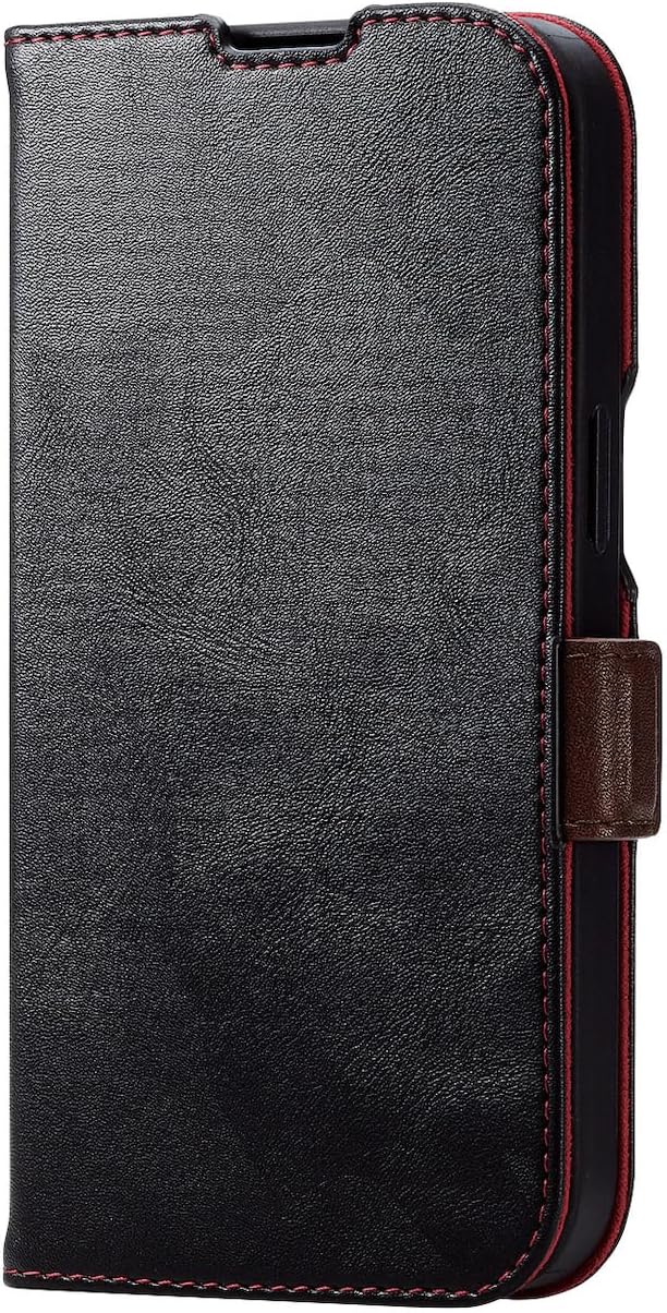 Elecom PM-A23APLFYBK iPhone 15 Case Folio Leather Leather Magnetic Closure Card Pocket x 2 Stand Function with Strap Hole Black