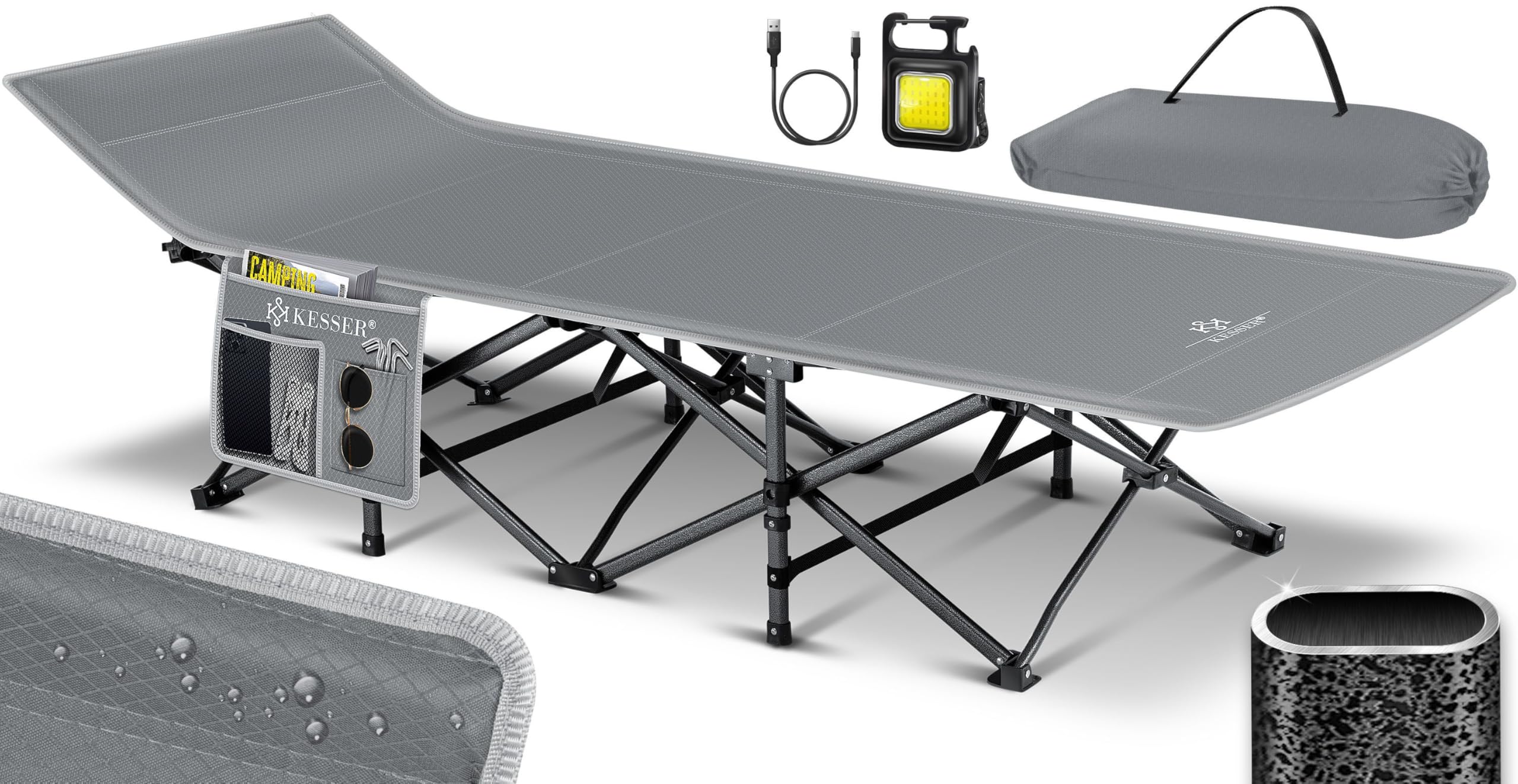 KESSER® Łóżko kempingowe, składane, w tym torba do przenoszenia + kieszeń boczna, stabilne łóżko polowe, 250 kg, metalowa rura, tkanina Oxford 600D, przenośne, podróżne, wygodne