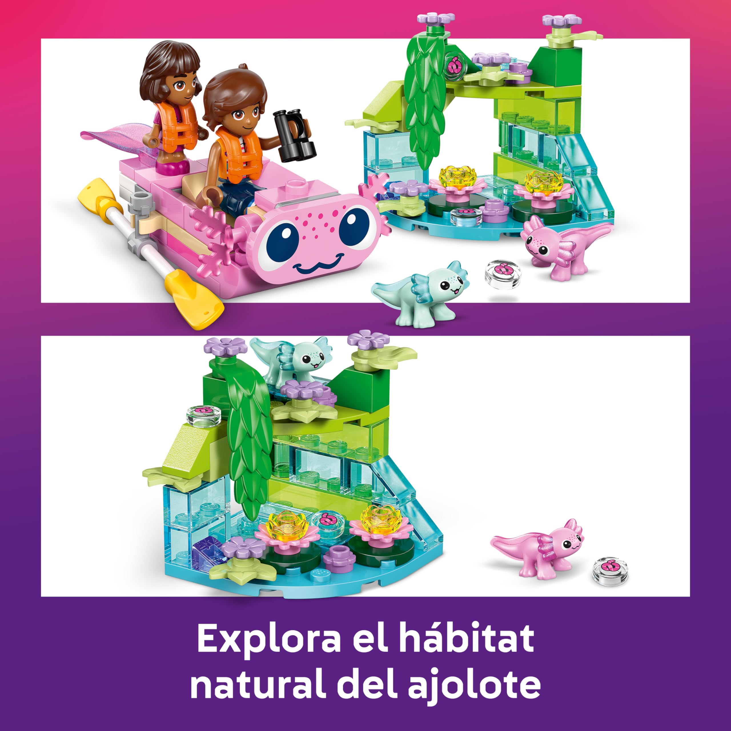 LEGO Friends Aventuras en el Barco-Ajolote de Juguete - 2 Mini Muñecos, 2 Figuras de Animales Adorables, Plantas, Flores y Accesorios - Regalo de Cumpleaños para Niñas de 5+ Años - 42681