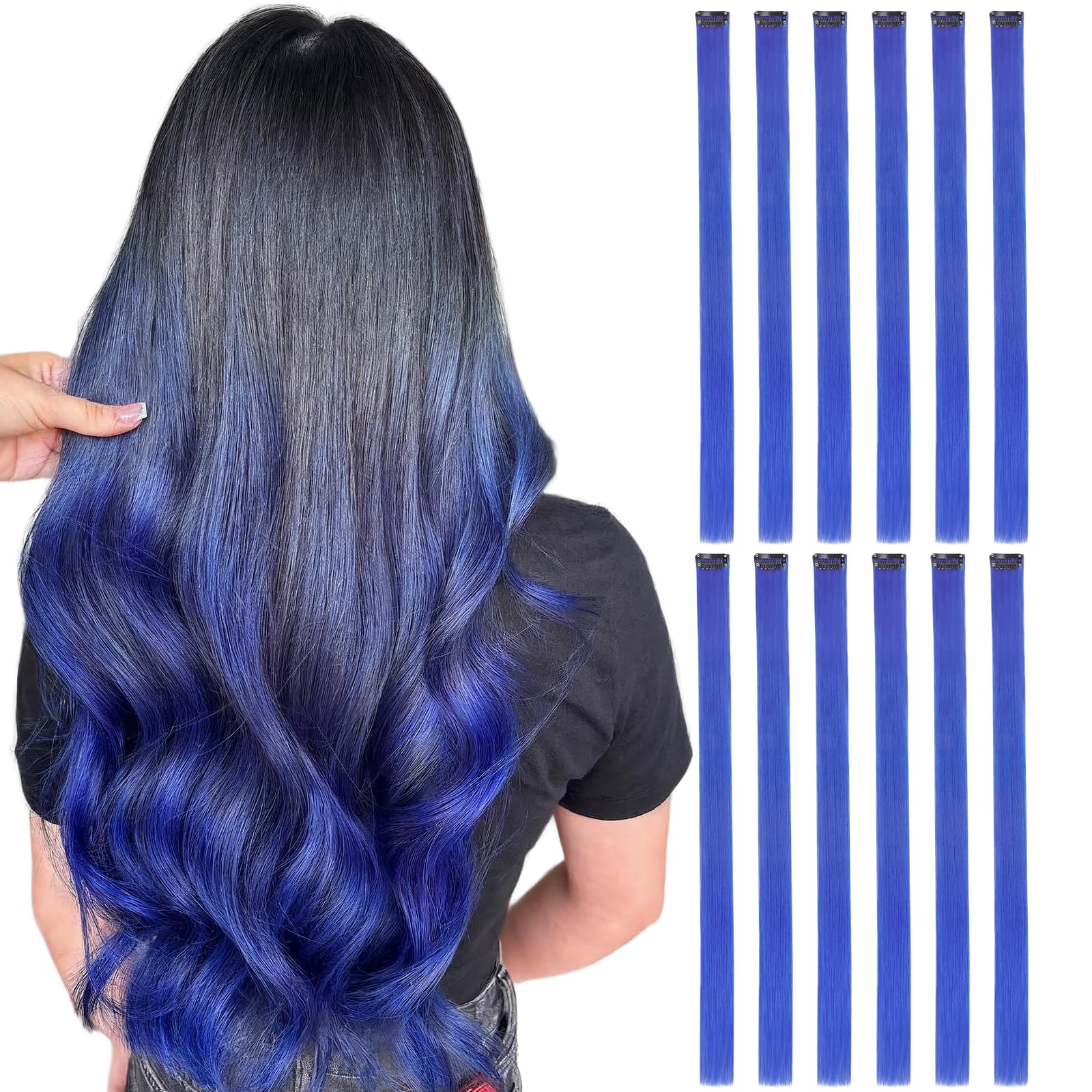 DOORES 22 Inch Blue Hair Extensions, 12 Pcs Colored Clip in Hair Extensions Party Highlights Gift Scene Birthday Gifts for Women Synthetic Hairpiece