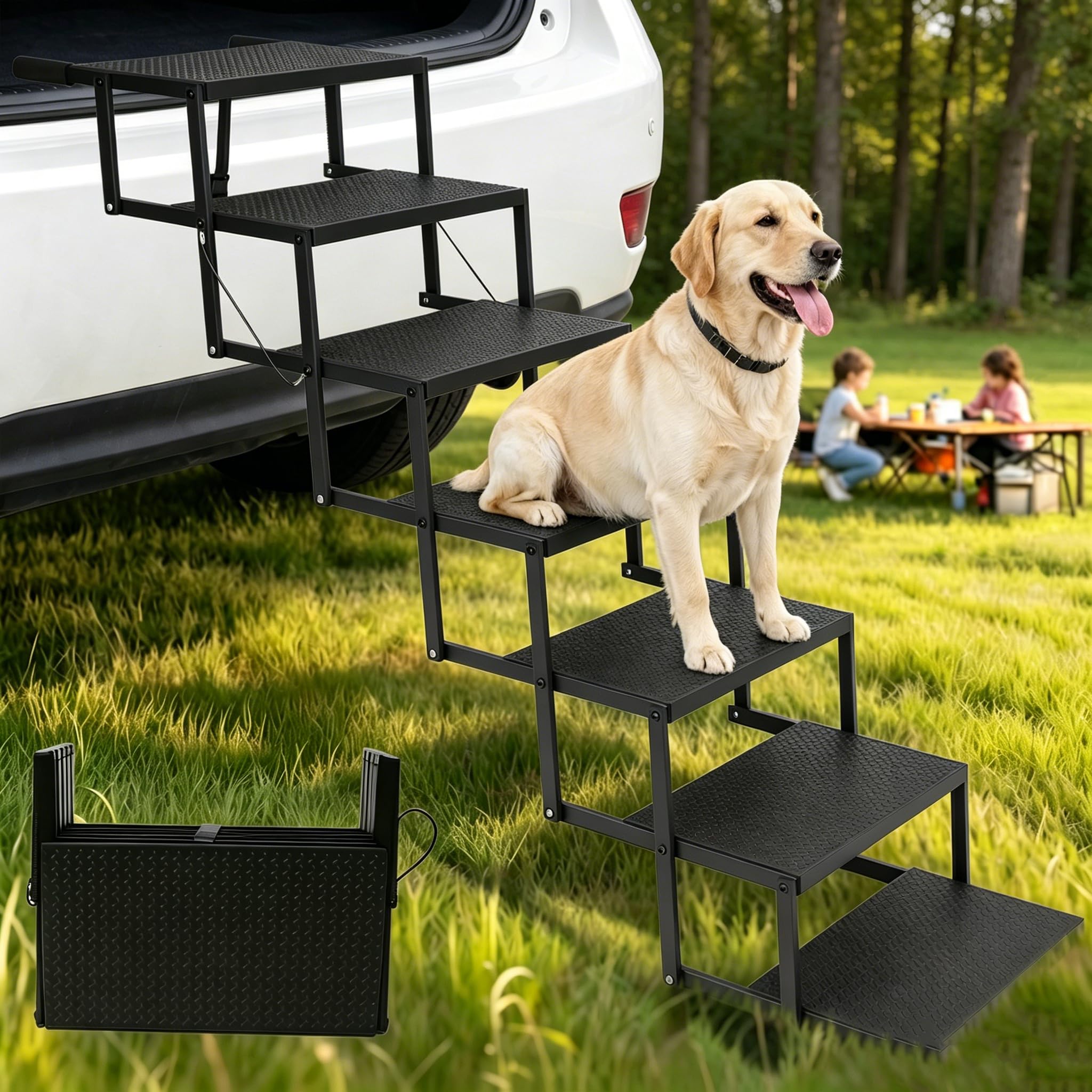 Niubya Scala Pieghevole per Cani, 7 Gradini Antiscivolo per Auto SUV Furgone, Portata 113 kg, Larghezza 43 cm, Leggera 4,5 kg, Scala di Accesso per Cani Grandi, Anziani e in Riabilitazione