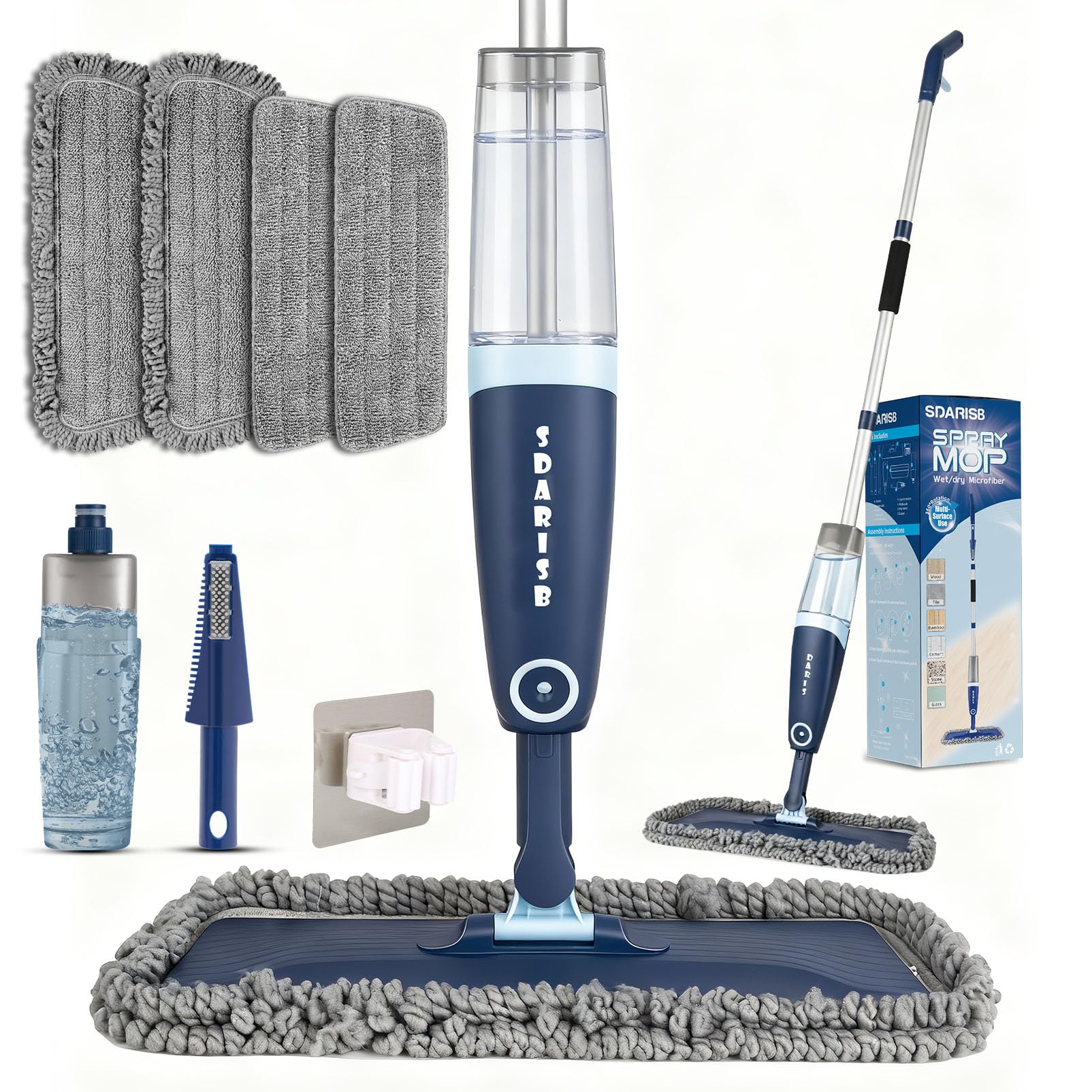 DARIS Spray Mop for Floor Cleaning Microfiber Mop for Wet and Dry Use with 52.3in Long Pole, 20 FL.OZ. Large Capacity, 4 Reuseable Pads for Wall, Hardwood, Vinyl, Laminate, Ceramic, Tile Cleaning Tool