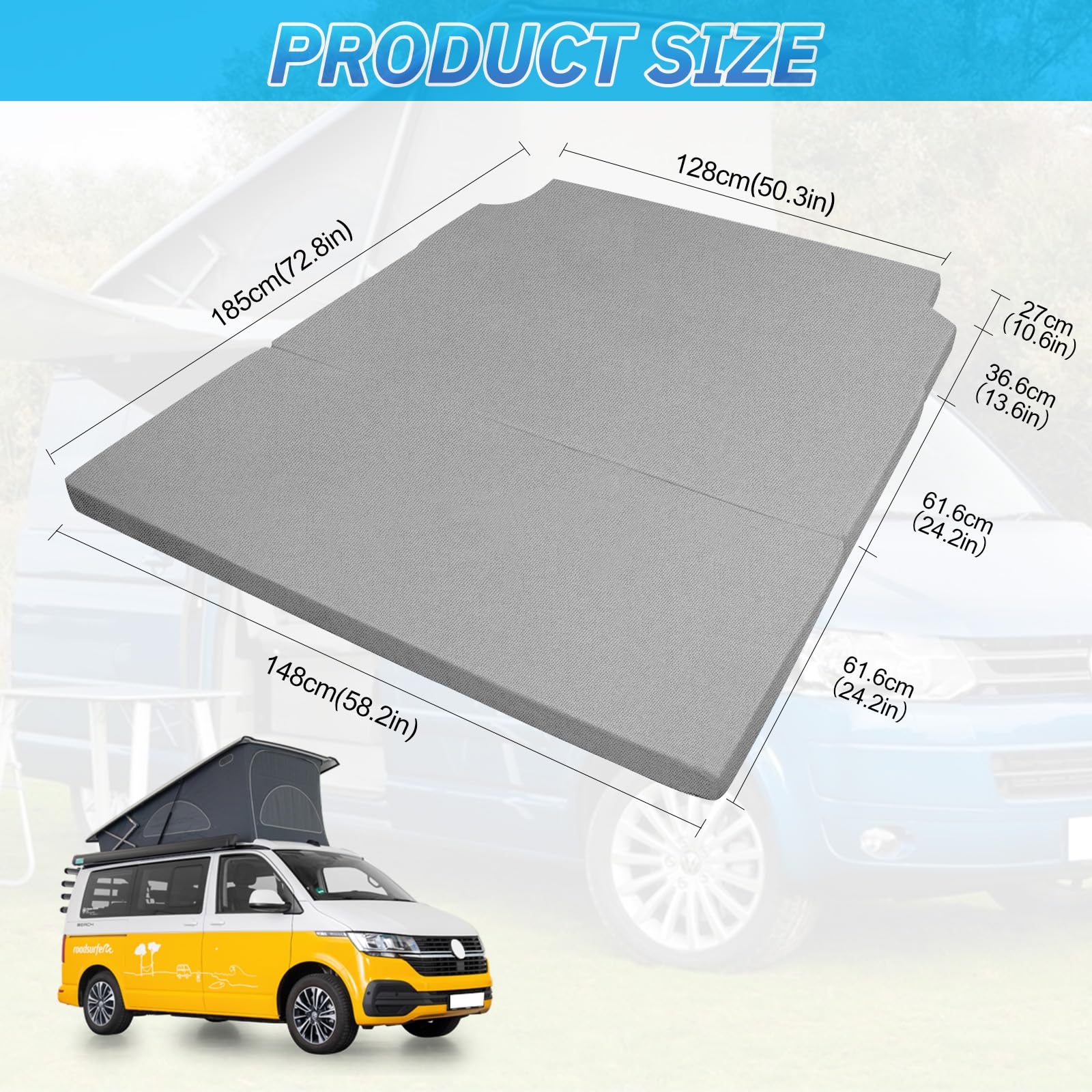 Colchón para VW T4 T5 T6 T6.1 Multivan California Beach Caravelle Transporter, gris Colchón plegable desplegable 185x148x8cm