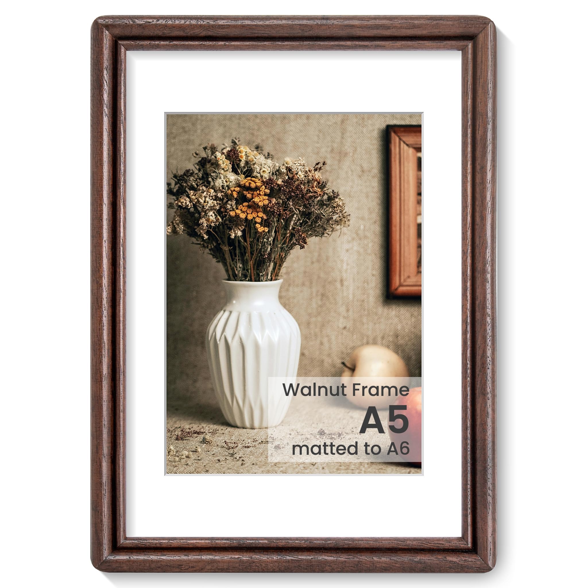 A5 Picture Frame, Natural USA-Sourced Solid Walnut Wood Picture Frame with Tempered Glass, Handcrafted 148cm x 210cm Wooden Frame Matted to 105cm x 148cm Photo for Wall & Tabletop Display — image 1