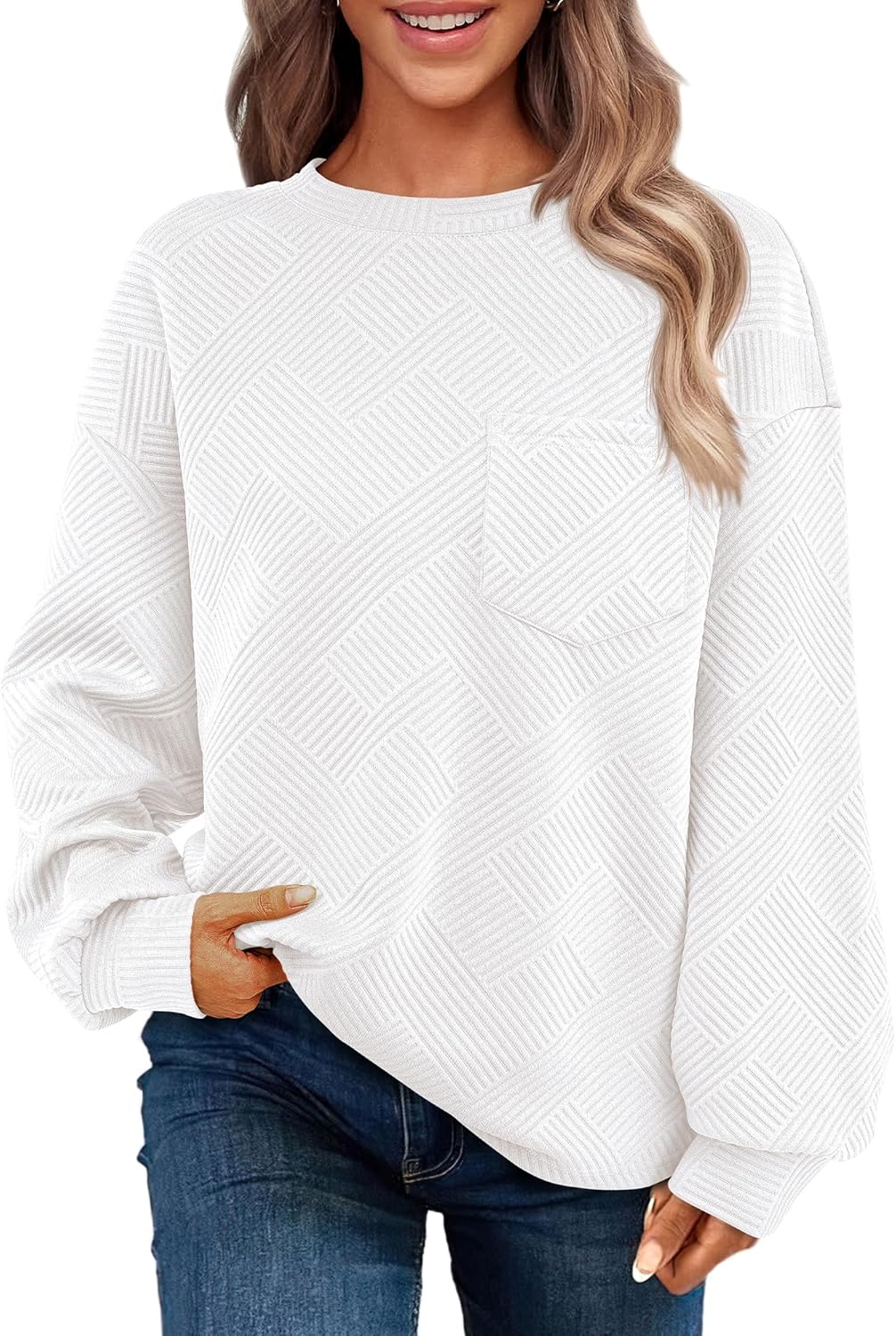 BTFBM Women’s Casual Textured Sweatshirts 2024 Fall Winter Long Sleeve Drop Shoulder Crew Neck Pullover Tops with Pocket