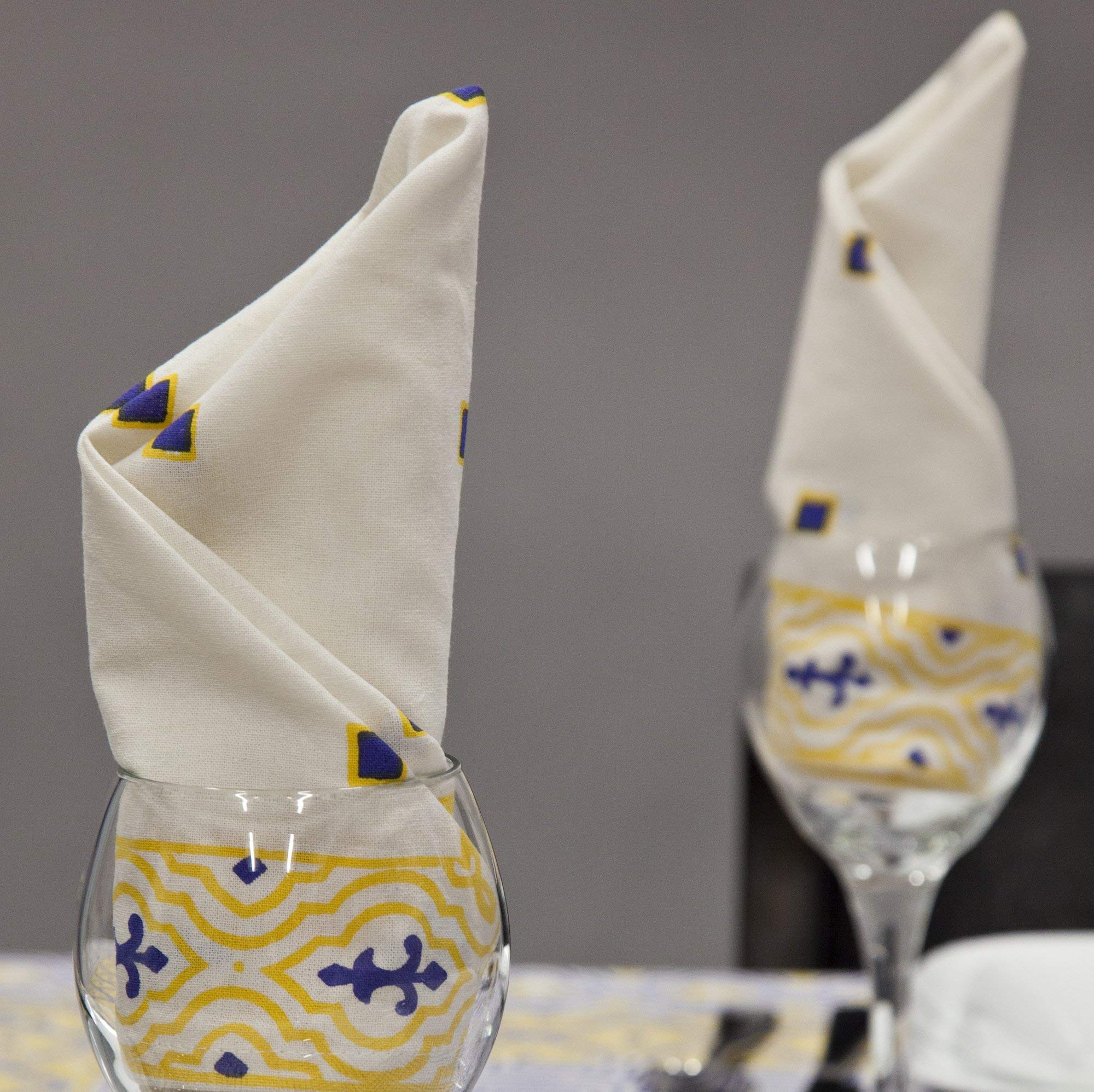 French Country Geometric Floral Print Napkin Square Cotton Table Linen Beach Sheet Beach Throw (Yellow Blue, Napkin 18 x 18 inches)