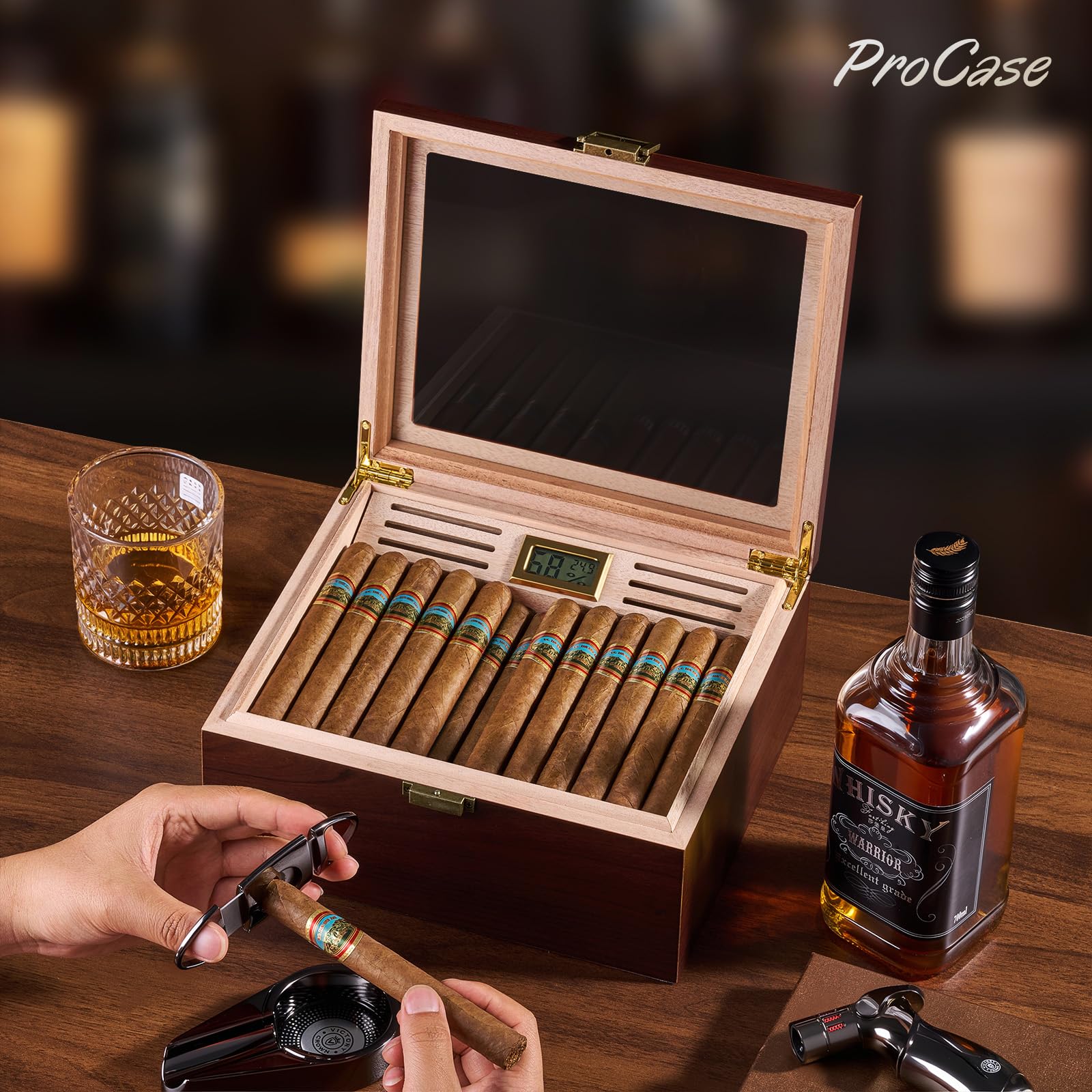 ProCase Humidor per Sigari con Igrometro Digitale e Umidificatore, Cofanetto con Interno in Legno di Cedro per 20-50 Sigari, Regalo per Uomo, Amante di Sigari Cubani -Large