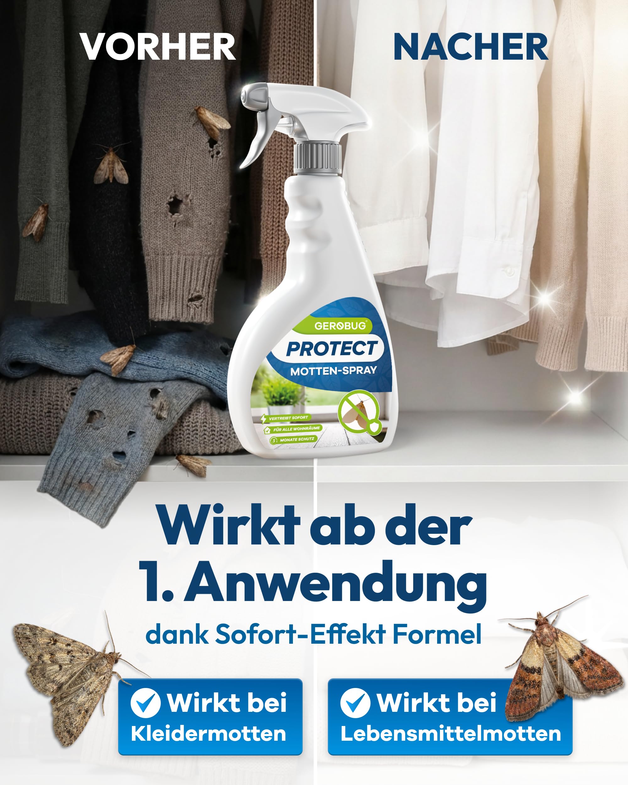 Gerobug Motten-Spray 500 ml - Motten schnell & effektiv loswerden mit Langzeitwirkung - Mottenmittel für Lebensmittelmotten & Kleidermotten - Motten bekämpfen Alternative