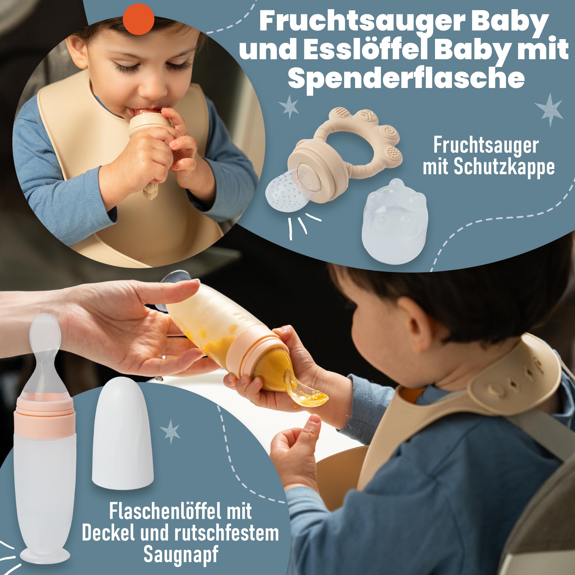 Kindergeschirr set aus Silikon mit Transport oder Aufbewahrungstasche - Kinderbesteck ab 1 jahr - Beikost baby zubehör - Fruchtsauger Baby - Esslernlöffel Baby mit Squeeze Flasche