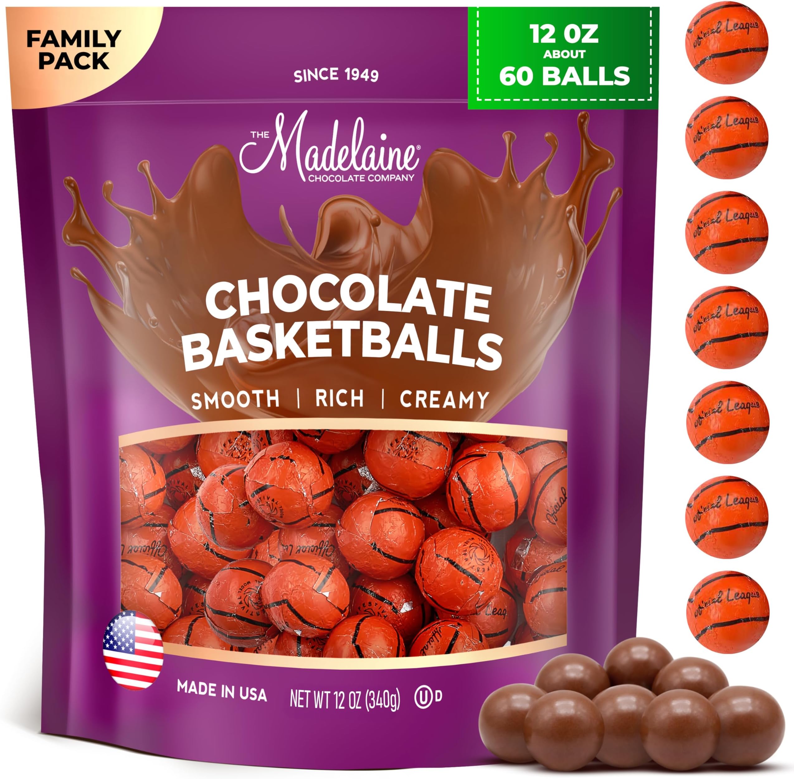 Madelaine Basketball Party Favors - 60 Individually Wrapped Milk Chocolate Basketball Candy - Basketball Team Gifts & Decorations (12 Oz)