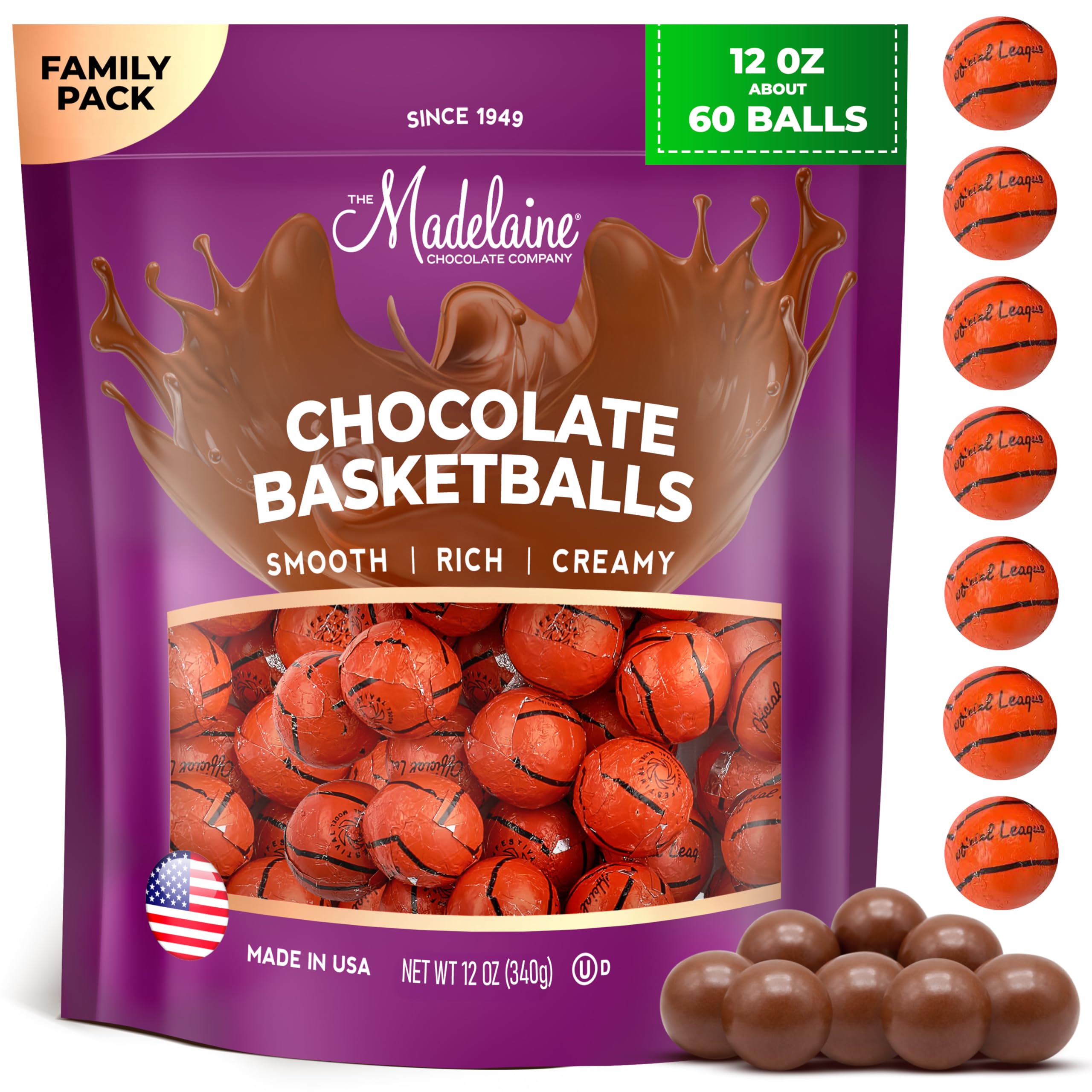Madelaine Basketball Party Favors - 60 Individually Wrapped Milk Chocolate Basketball Candy - Basketball Team Gifts & Decorations (12 Oz)