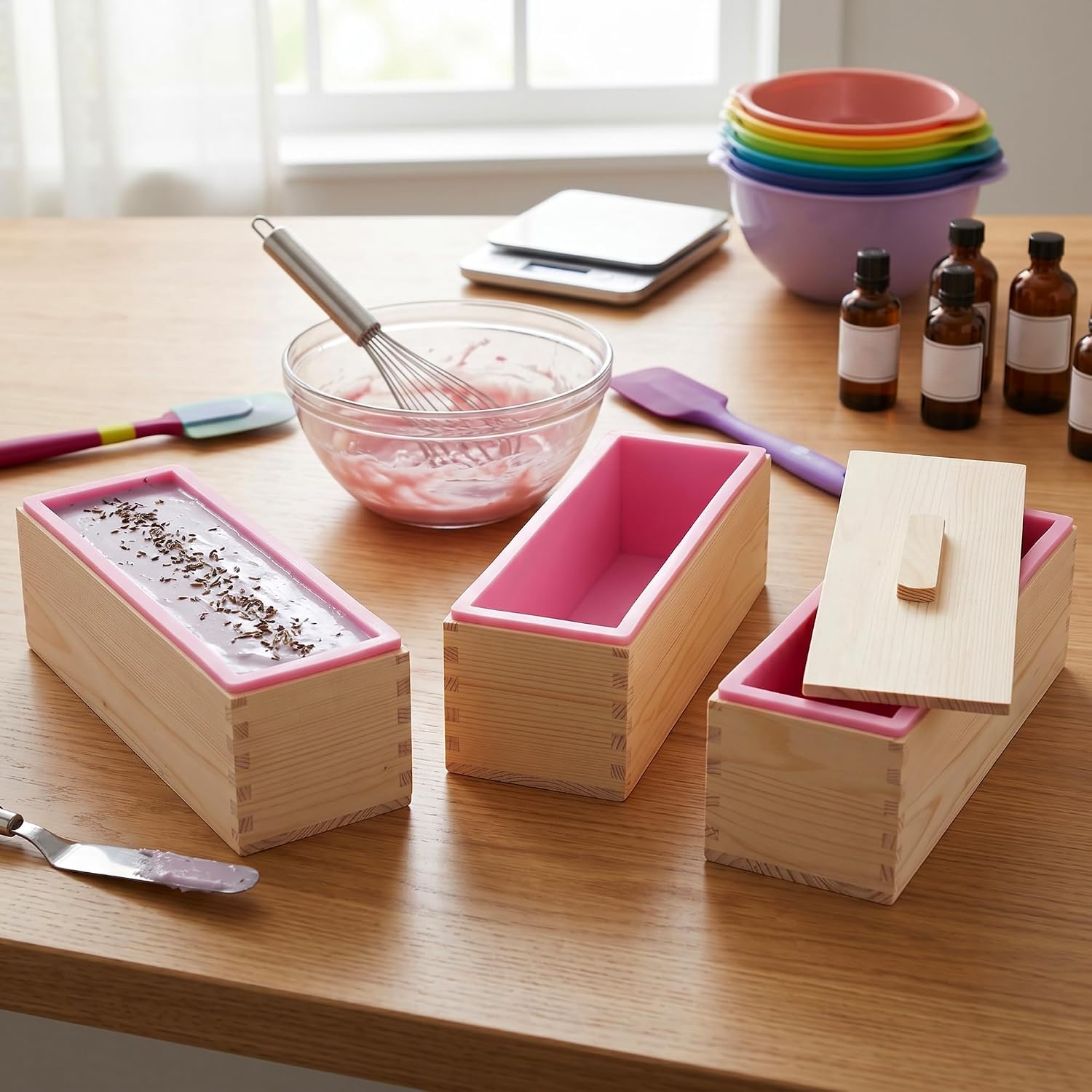 3 Set 42 oz Silicone Soap Molds with Wooden Boxes and Lids, Flexible Rectangular Silicone Loaf Mold for Soap Making Homemade, Candle Craft, Pink