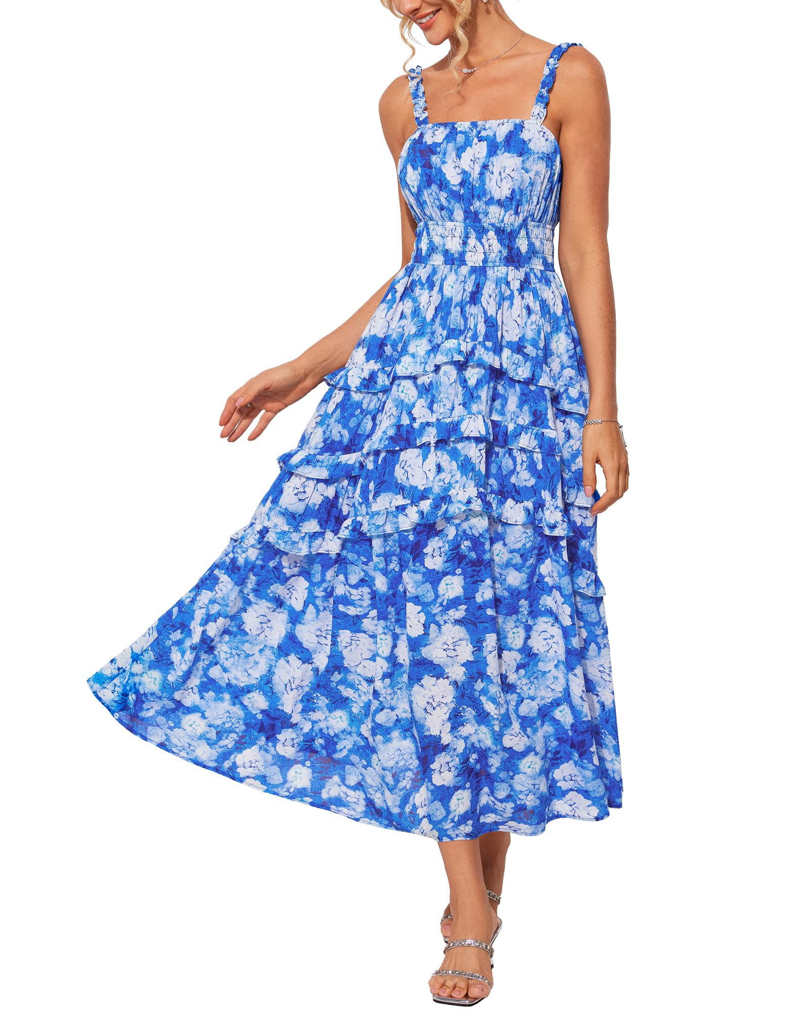 GRACE KARIN Women's Floral Summer Wedding Guest Dresses 2025 Trendy Long Flowy Smocked Tiered Maxi Dress