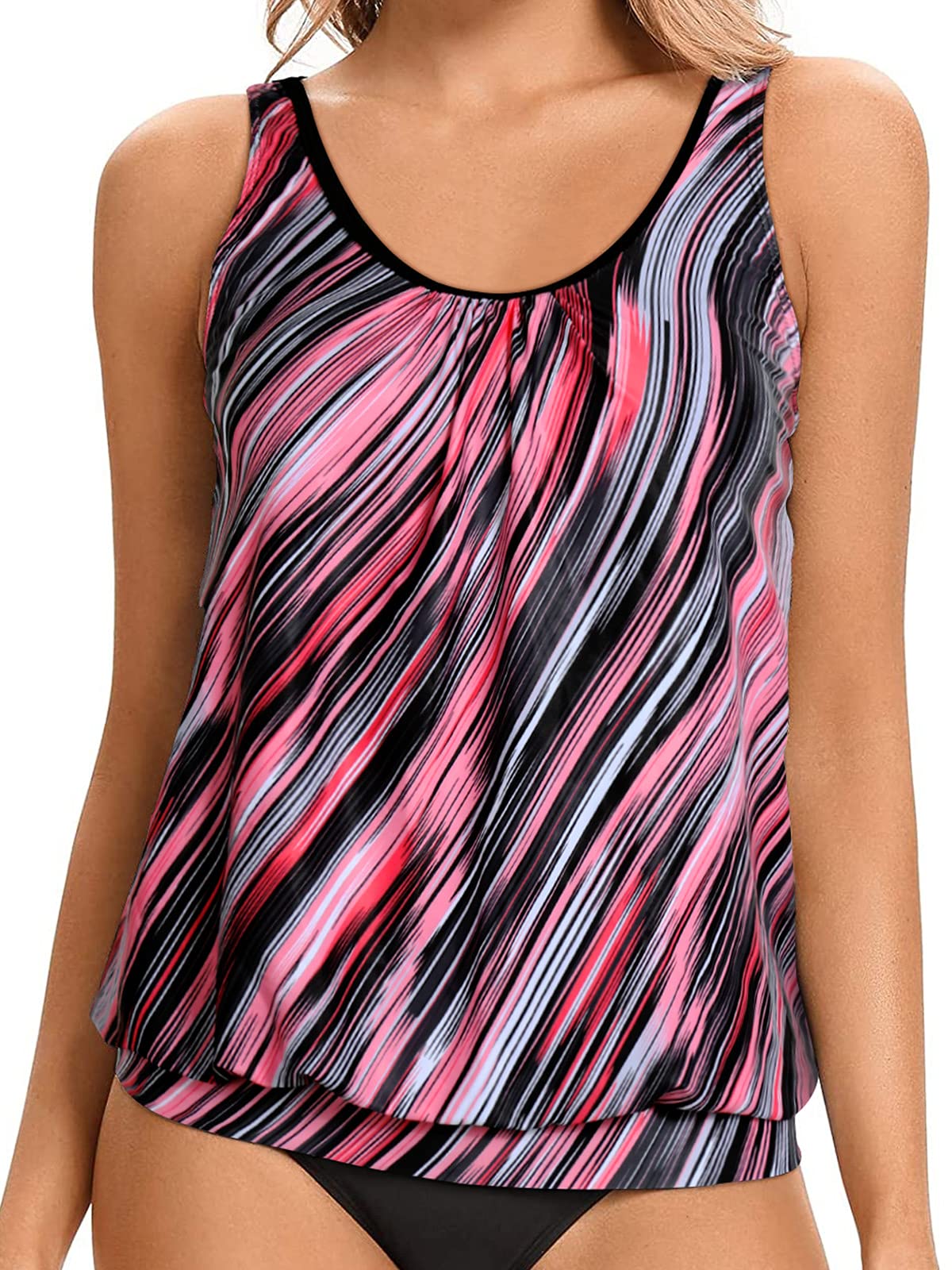 Yonique Womens Blouson Tankini Top No Bottom Loose Fit Swim Top Modest Tank Top Pink&Striped XXL