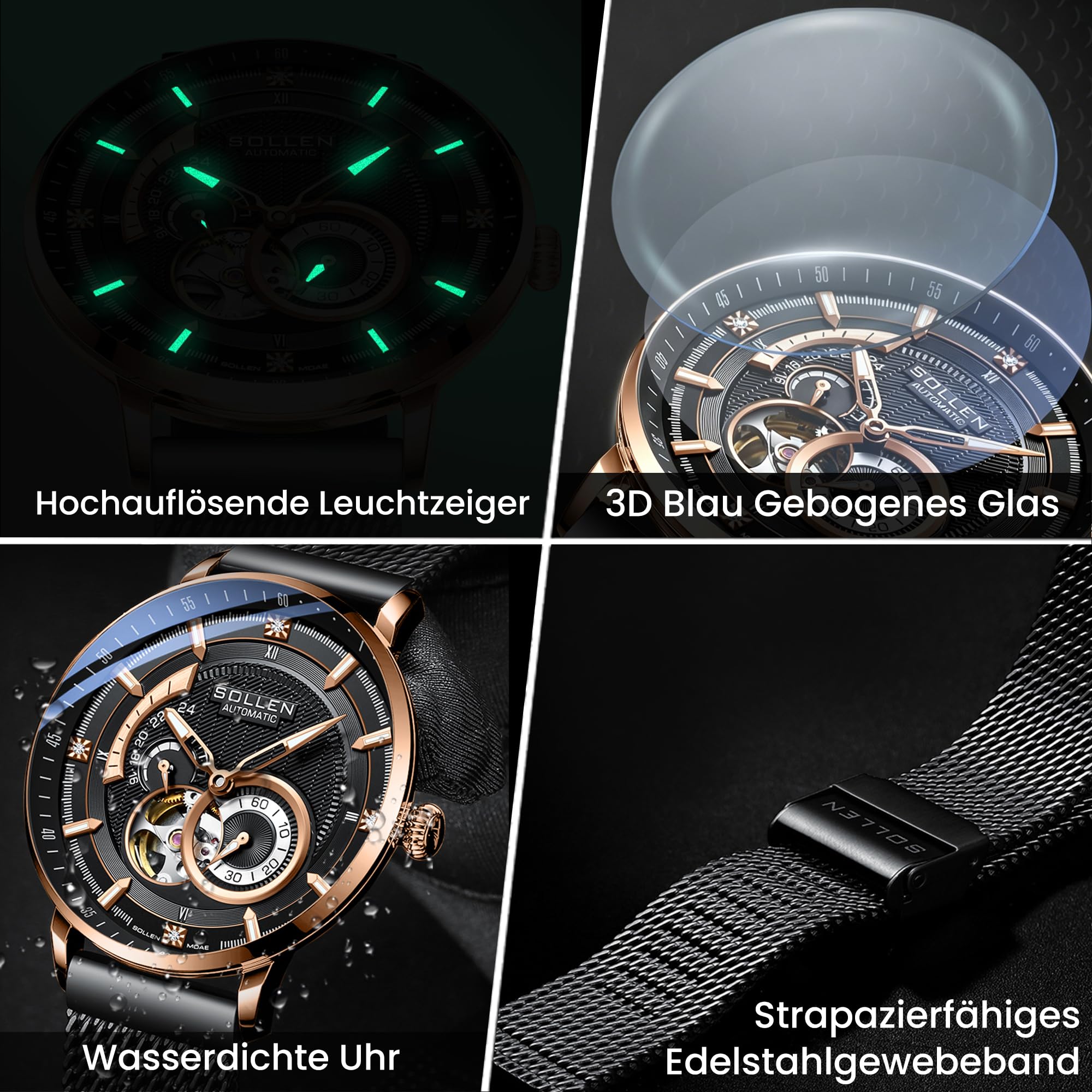 SOLLEN Skelett Automatik Uhr Herren,Automatische Herrenuhren mit Sekundenzeiger & 24-Stunden-Rufnummer,Minimalistische Herrenuhr Luxus,Originales Mechanisches Uhrwerk,Klassische Uhrengeschenk für Mann