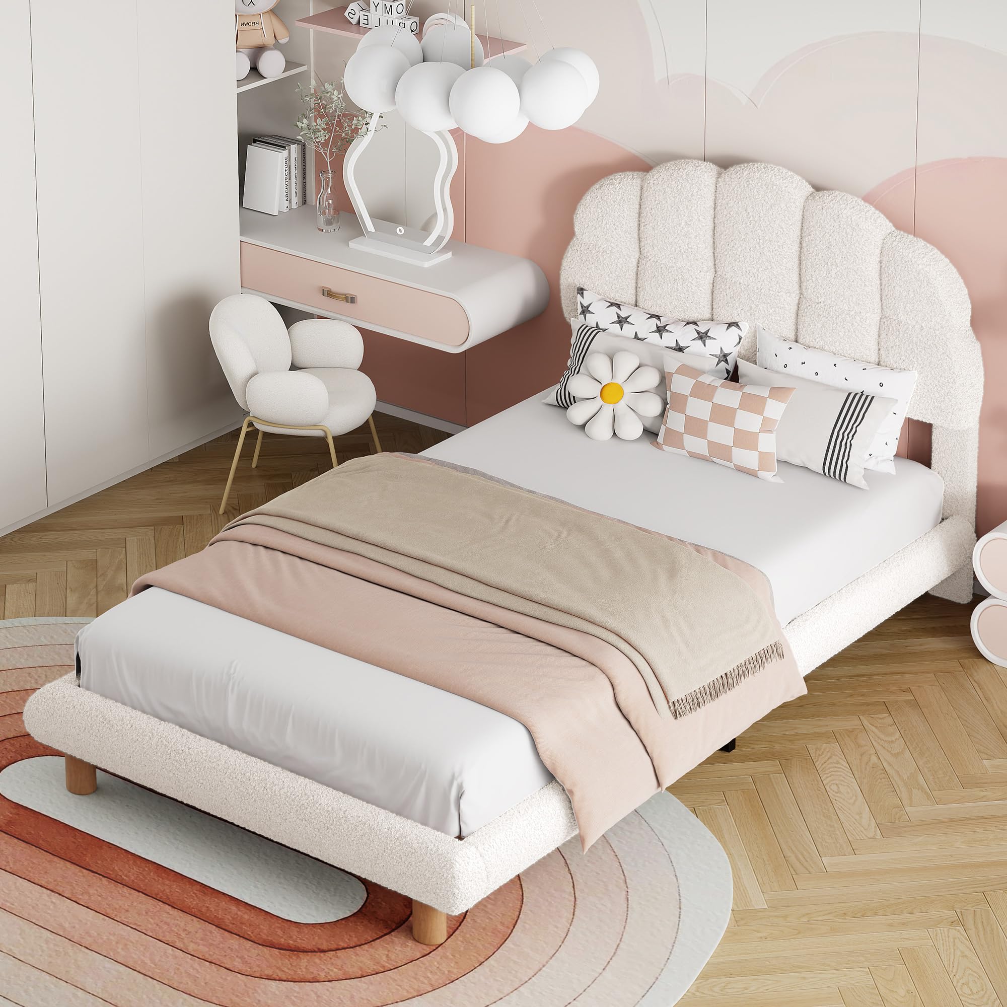 Mädchen Kinderbett 90x200cm mit Verstellbares Kopfteil, Einzelbett Polsterbett Bettgestell mit Lattenrost aus Holz, Einfache Montage, Kreisvlies, Ohne Matratze