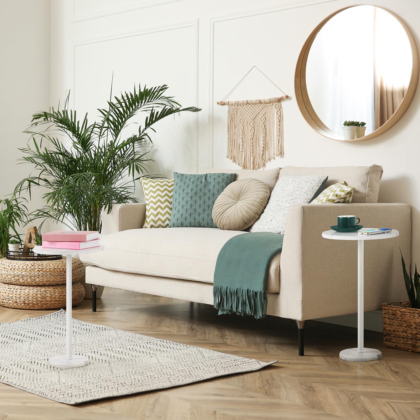 Smusei Juego de 2 Mesas Auxiliares Redondas Blancas Con Base de Mármol - Para Sala de Estar y Dormitorio, 32 cm, Ideal Para Espacios Pequeños