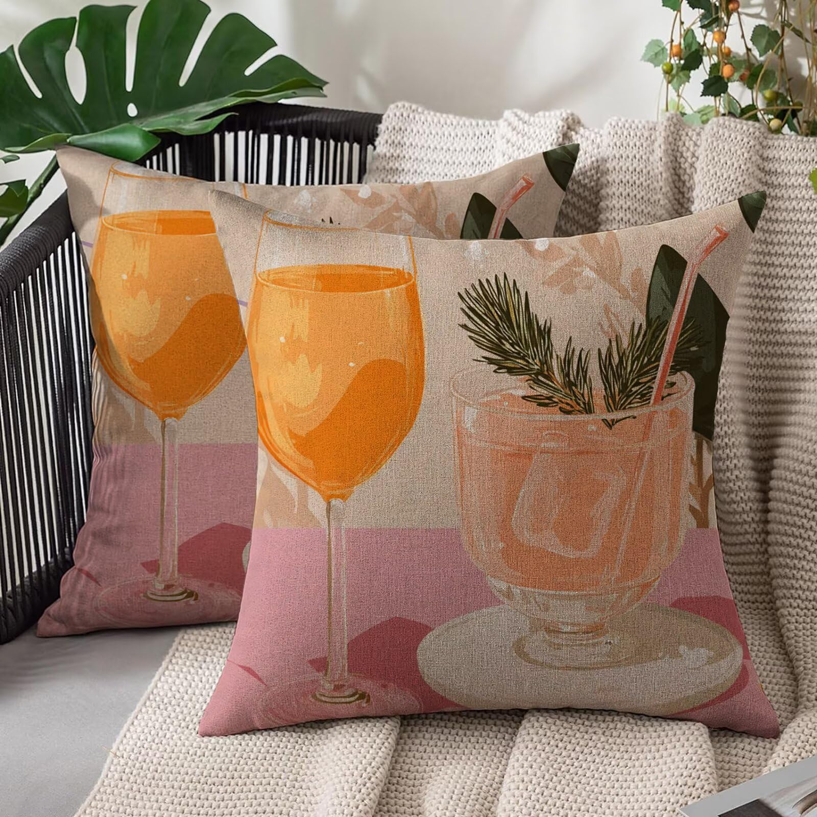 Coussin canapé cocktail extérieur étanche lot de 2 housses 50x50cm en lin dessin animé