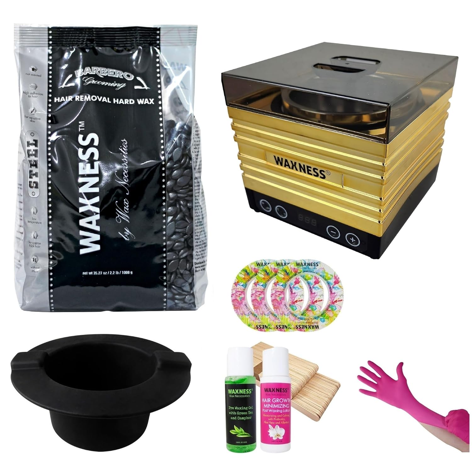 Waxness Barbero Grooming Stripless Waxing Kit with 2.2 LB Wax Bag, Warmer W-CUBE Gold Digital 1 LB and Black Non-Stick Easy Clean Silicone Bowl